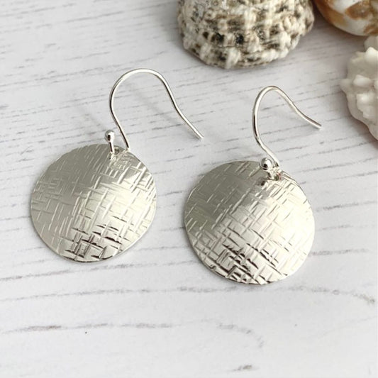 Hammered 925 Sterling Silver Convex Circle Dangle Drop Earrings