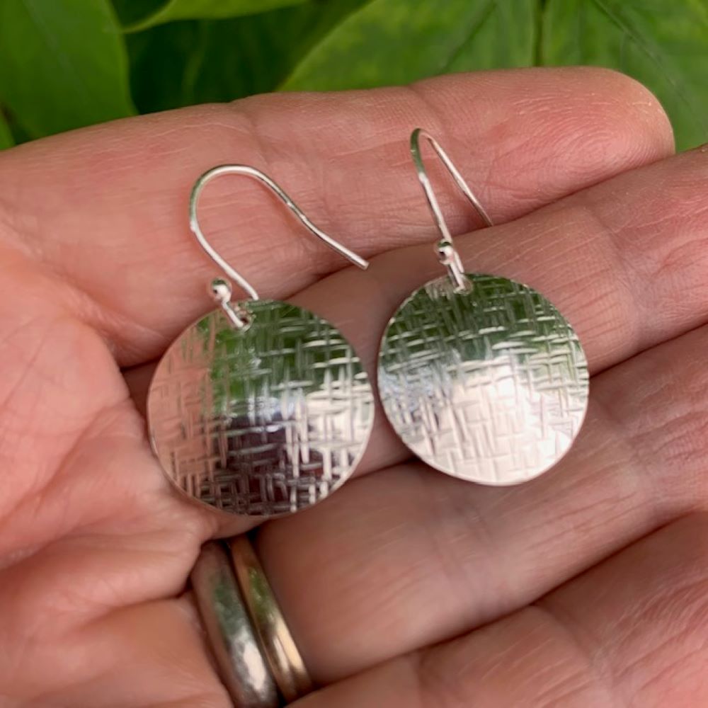 Hammered 925 Sterling Silver Convex Circle Dangle Drop Earrings
