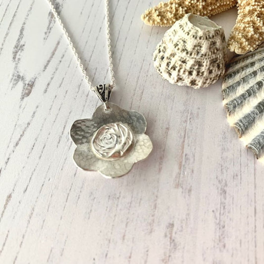 925 Silver Flower Pendant with Silver Rose