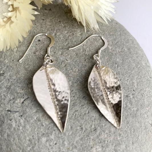 beaten Sterling Silver Dangle Leaf Earrings