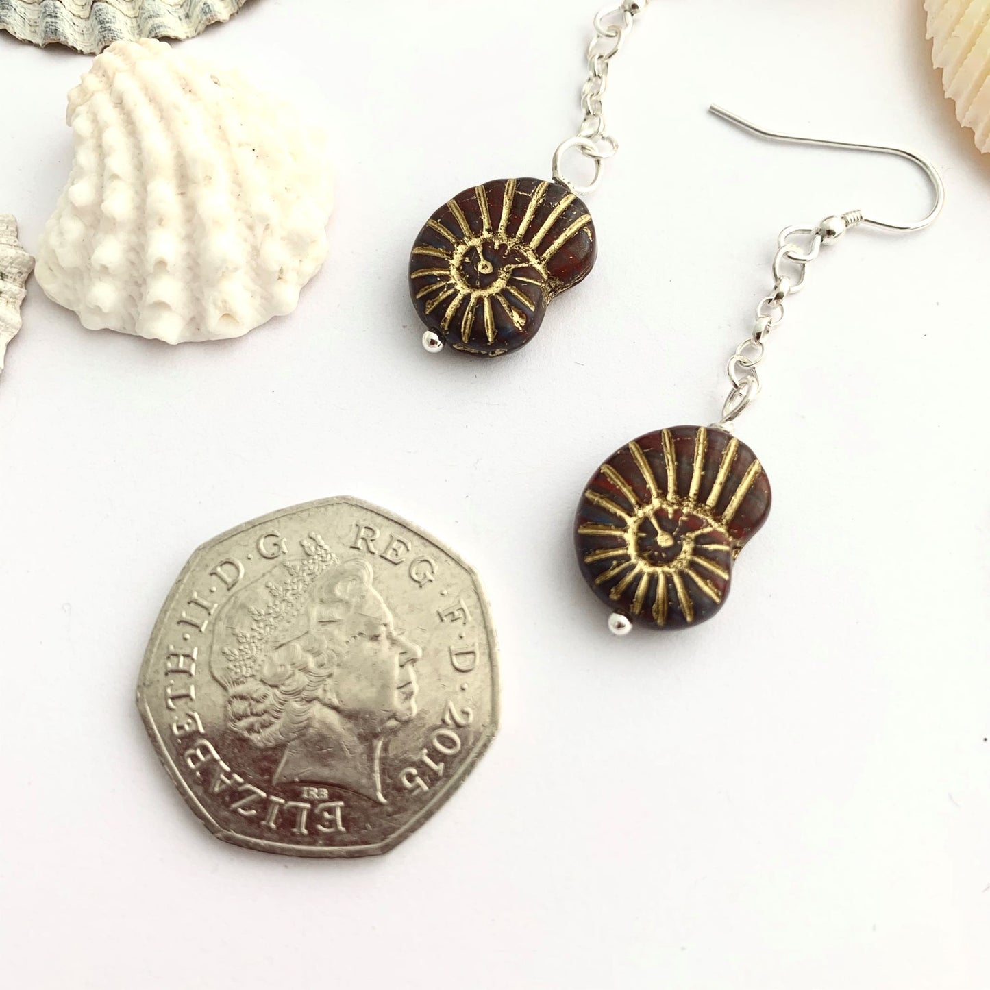 Black Ammonite Design Czech Glass Dangly Earrings