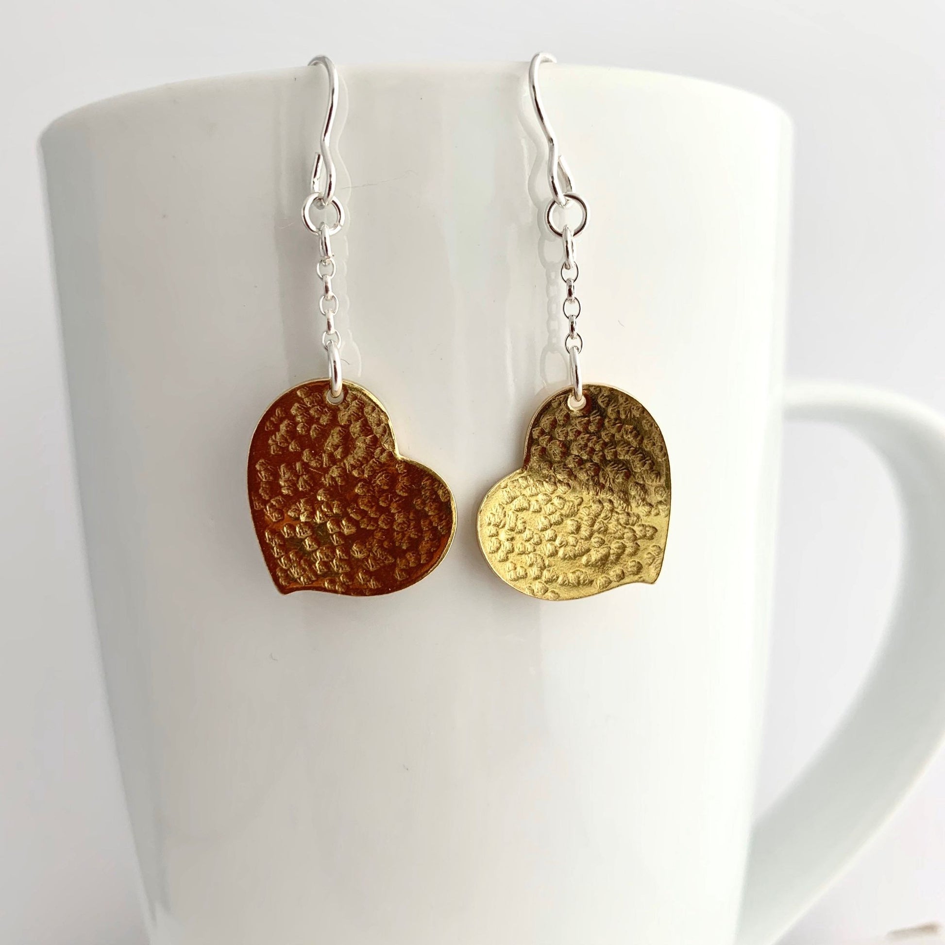 Brass Hammered Lopsided Heart Earrings