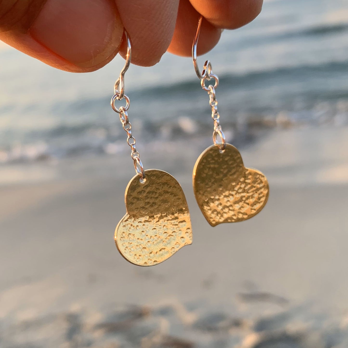 Brass Heart Hammered Dangle Earrings