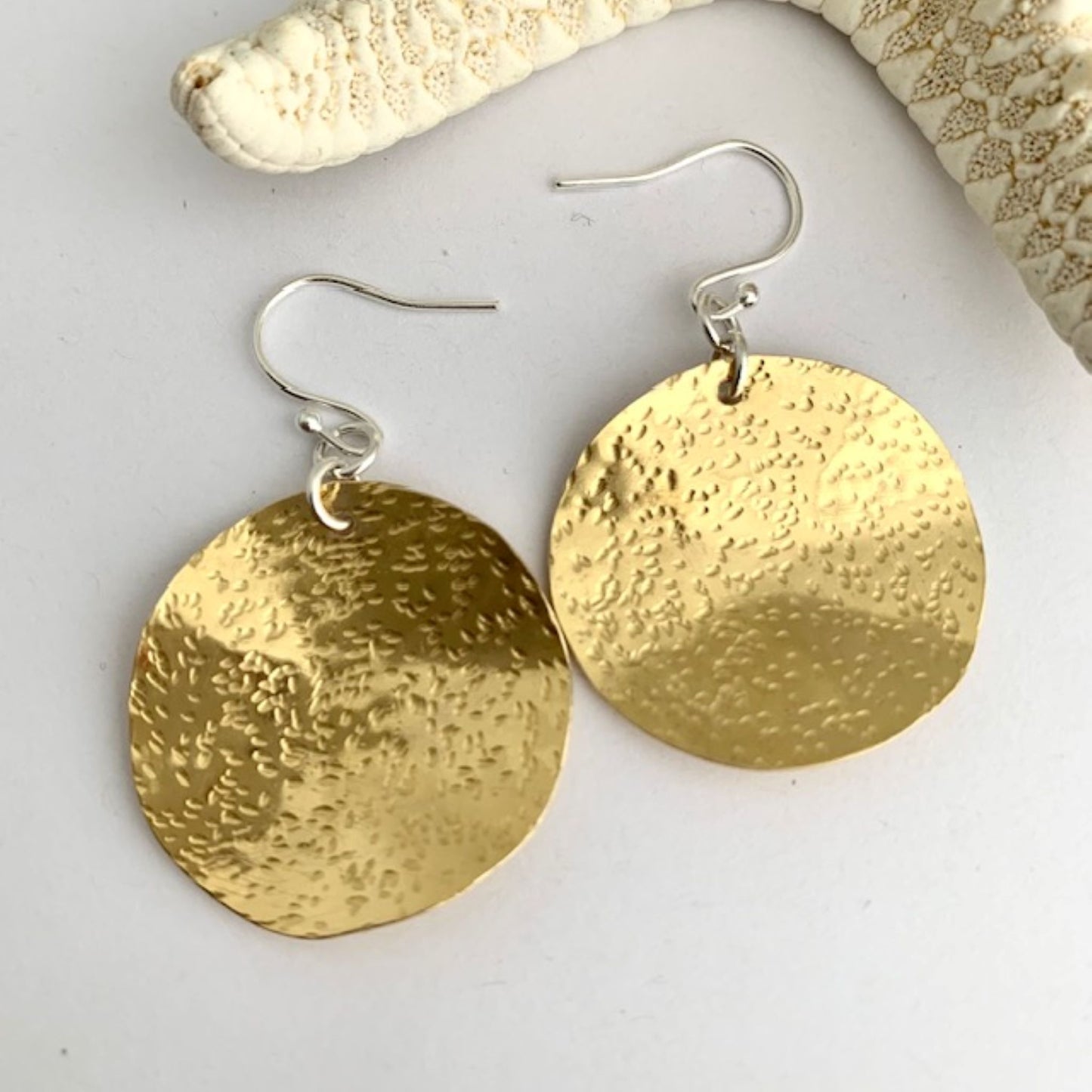 Brass Textured Round Disc Dangly Earrings