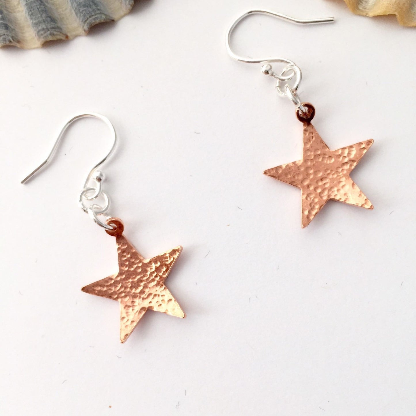 Little Hammered Beaten Copper Star Celestial Dangle Drop Earrings