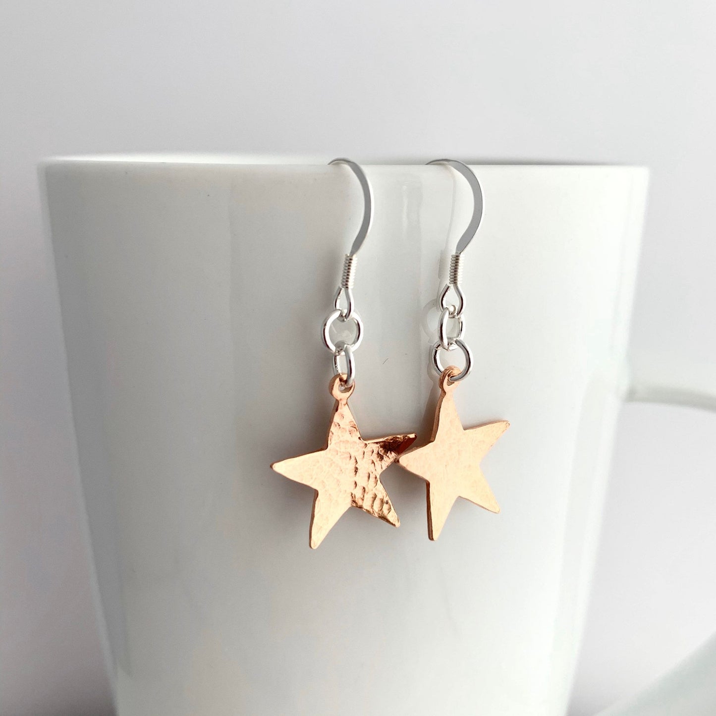 Little Hammered Beaten Copper Star Celestial Dangle Drop Earrings