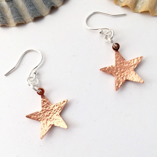 Little Hammered Copper Star Dangle Earrings