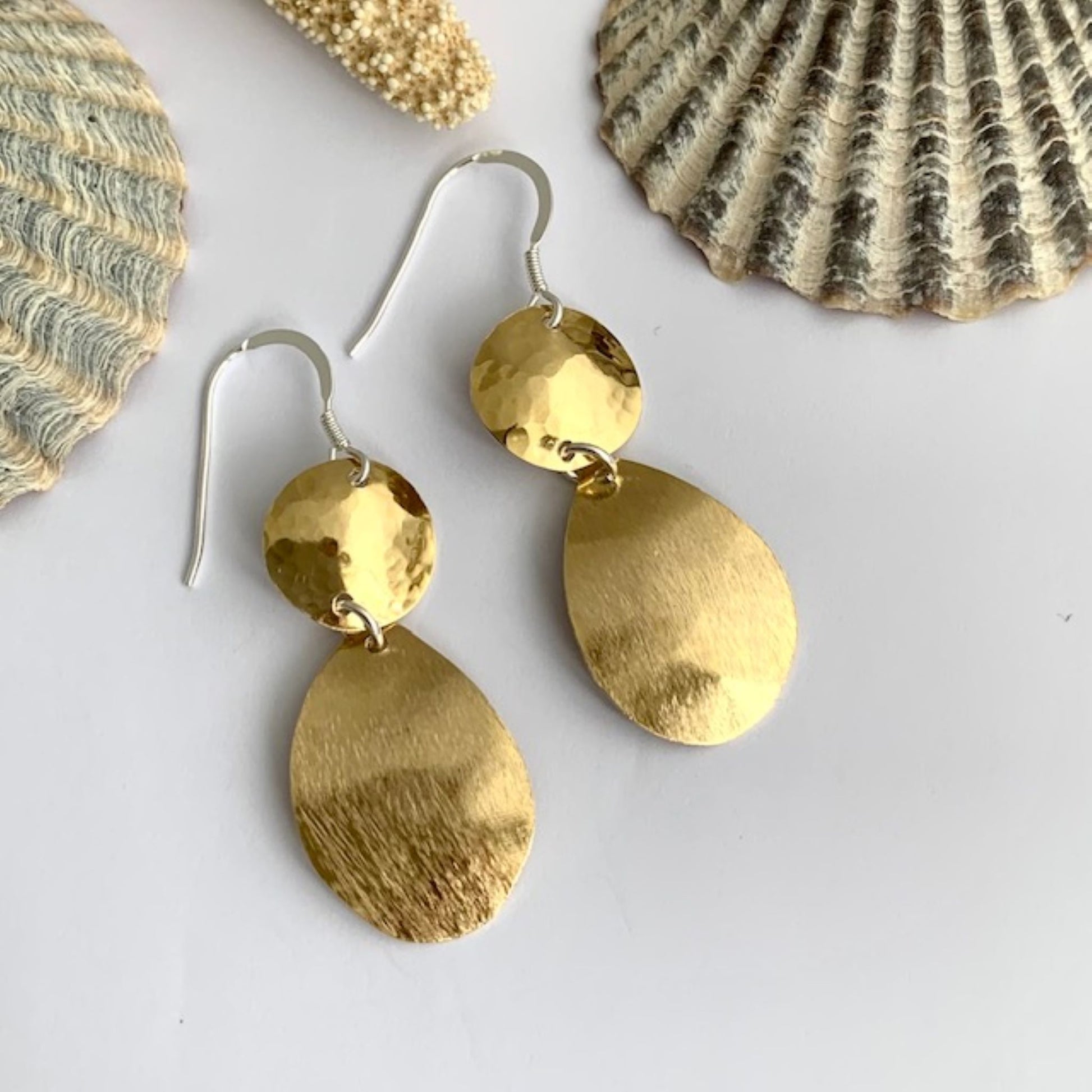 Gold Tone Brass Dangle Circle and Teardrop Earrings