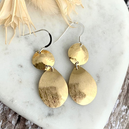hammered brass Circle and teardrop dangle earrings