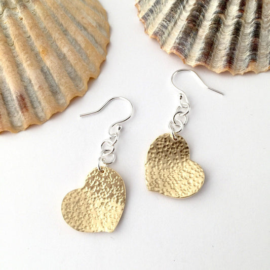 Hammered Brass Heart Dangle Earrings