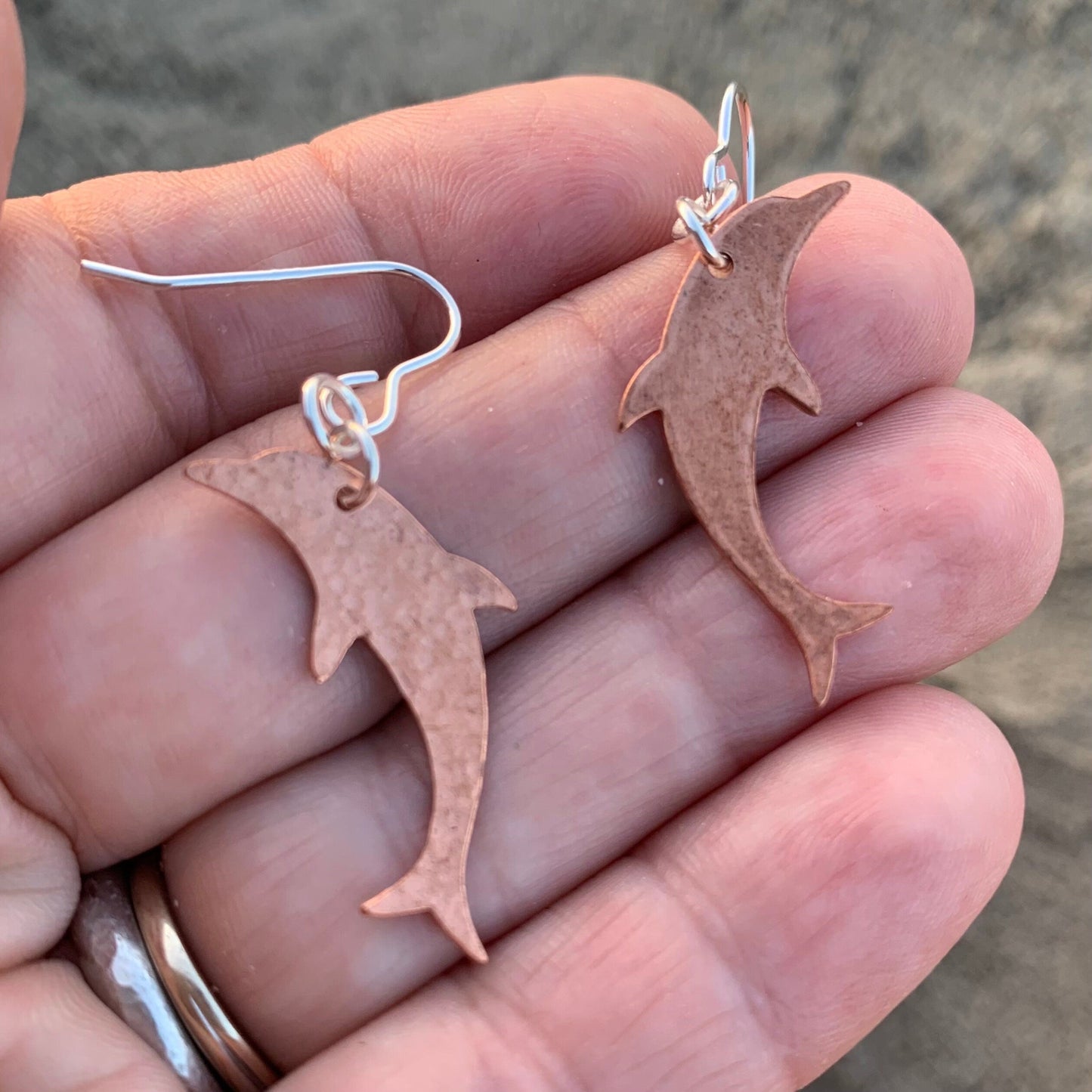 Hammered Copper Dolphin Dangle Earrings