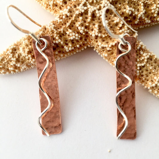 Hammered Copper Rectangle Earrings with Sterling Silver Coils