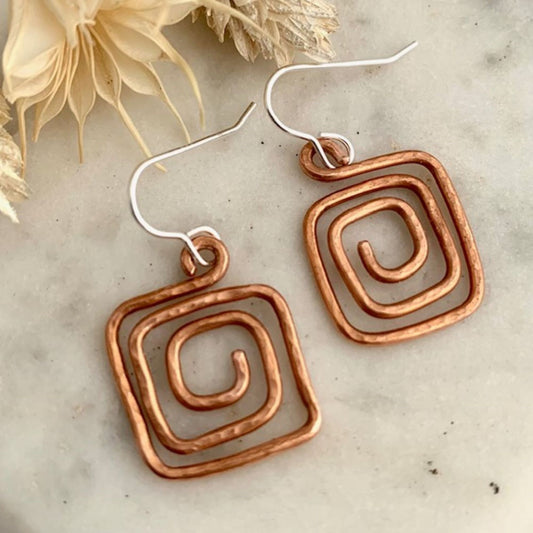 Hammered Copper Square Spiral Earrings