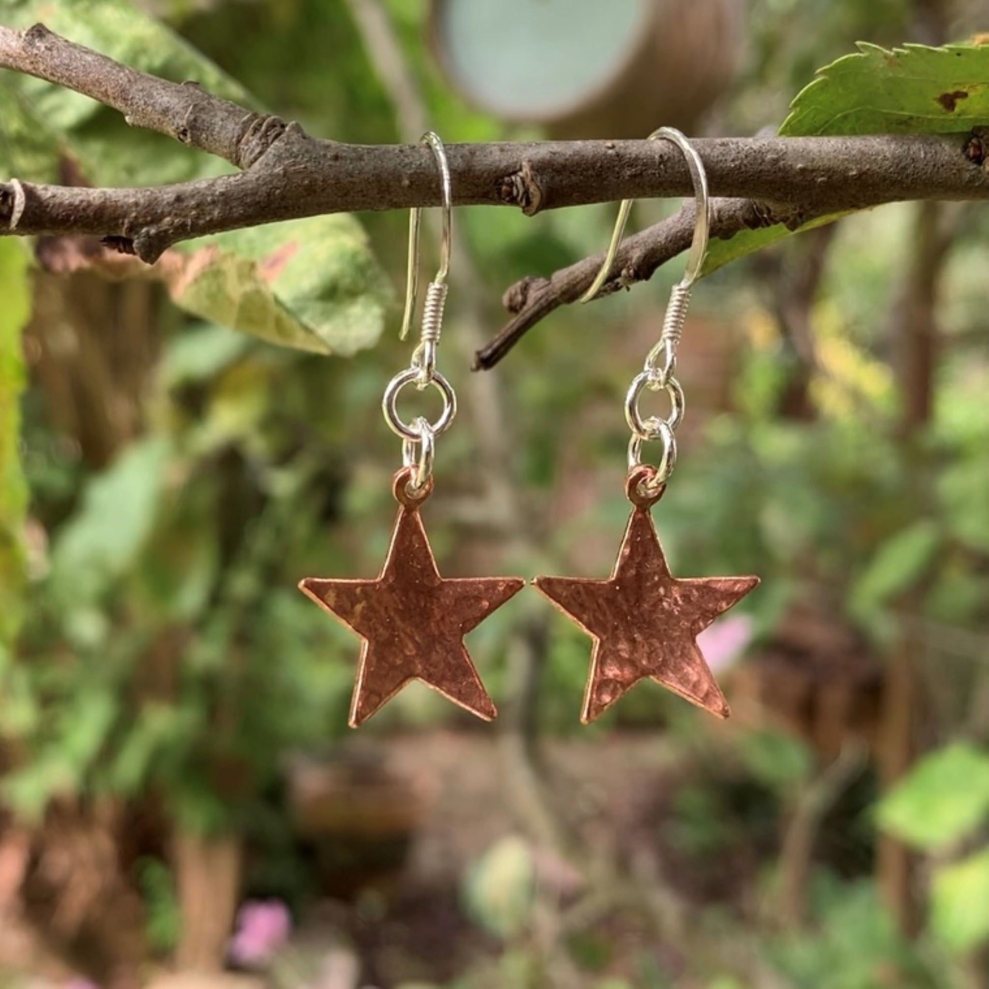 Hammered Copper Star Dangly Drop Earrings