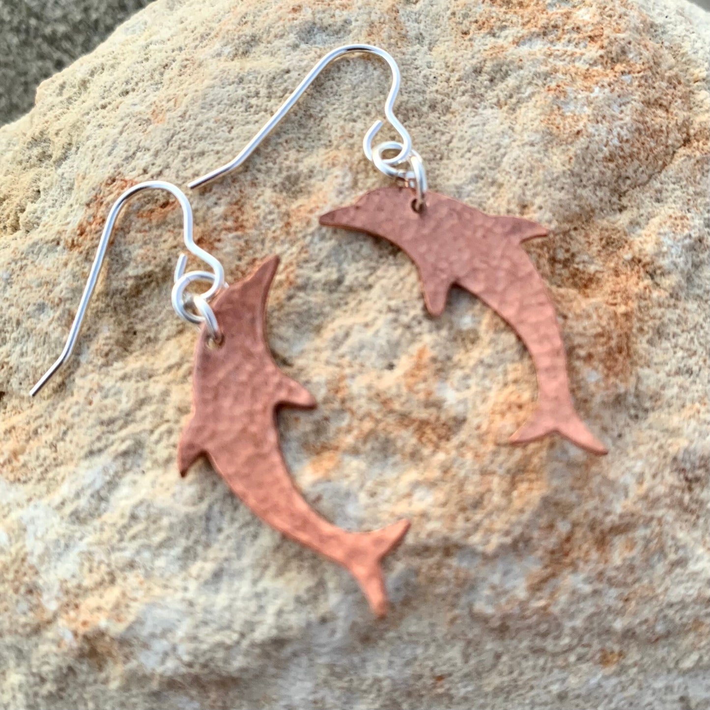 Hammered Dangle Copper Dolphin Earrings