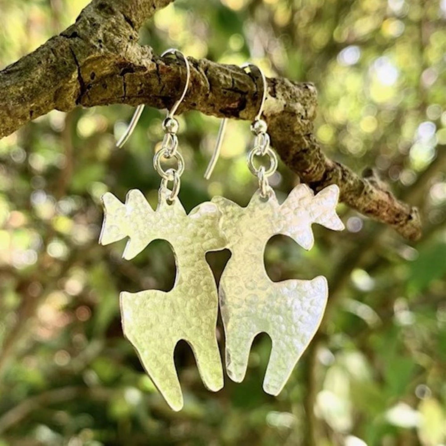 Hammered Sterling Silver Dangle Reindeer Earrings