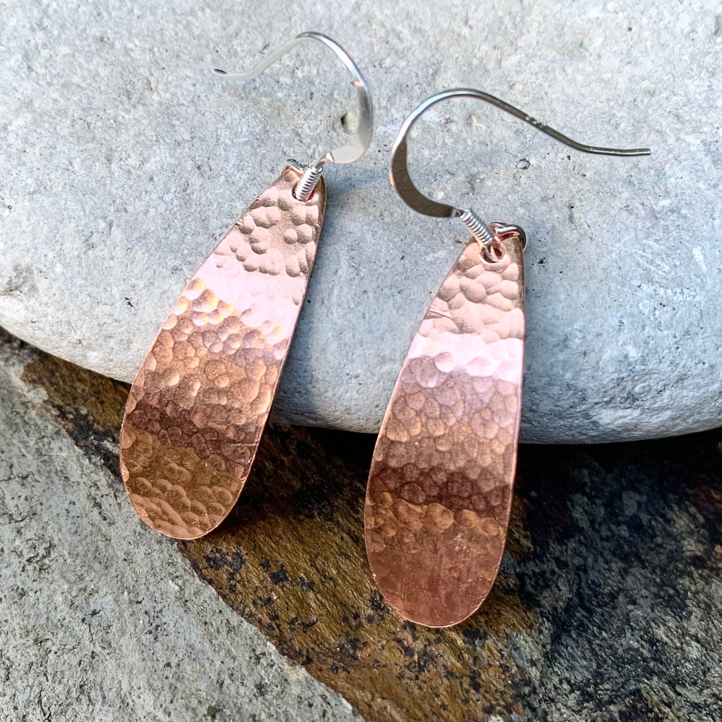 Long Copper Oblong Hammered Dangle Earrings