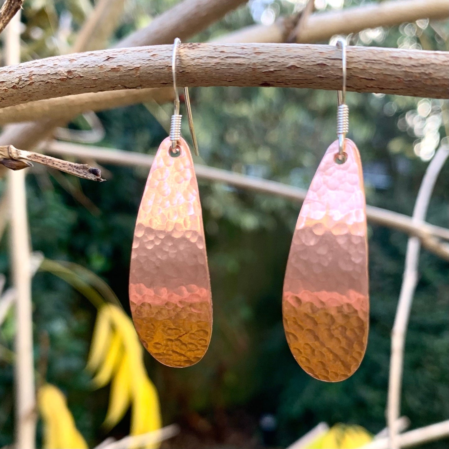 Long Copper Teardrop Hammered Dangle Earrings 3