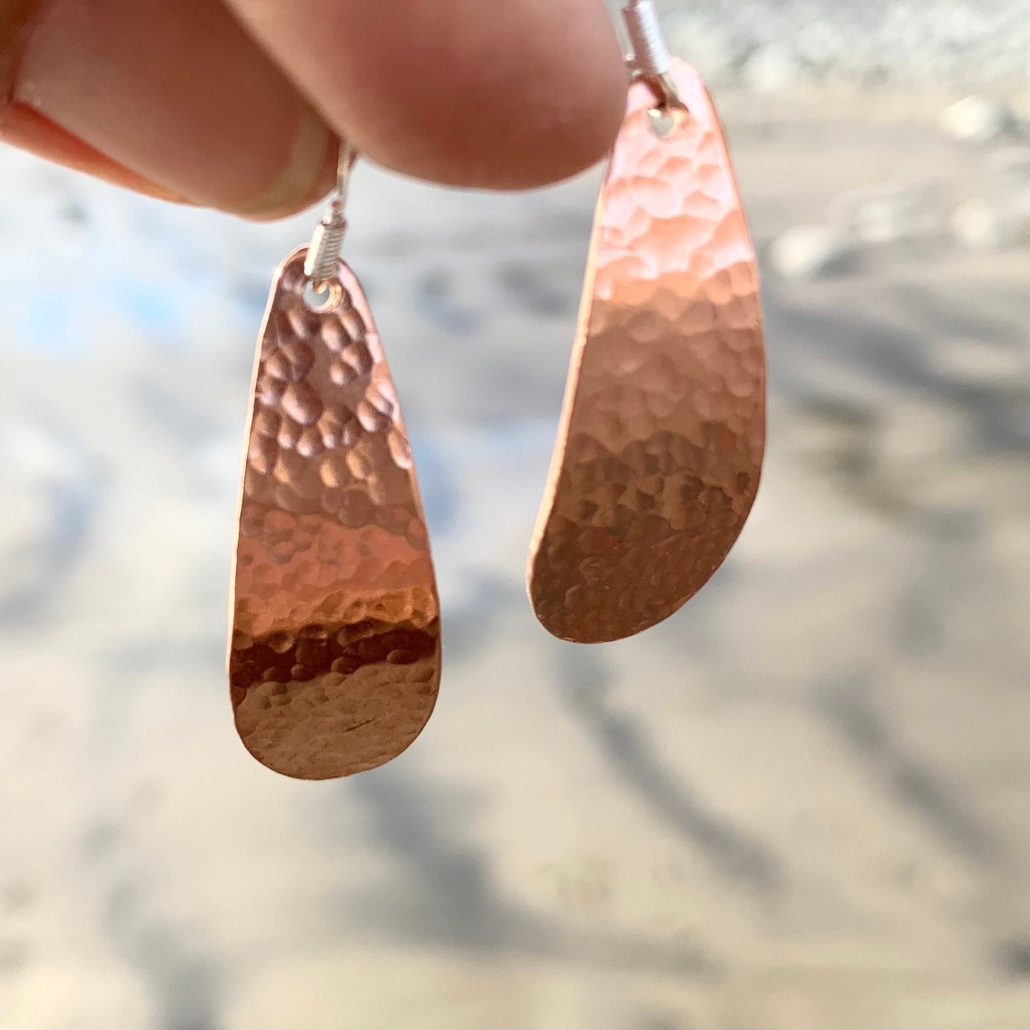 Long Copper Teardrop Hammered Dangle Earrings 4