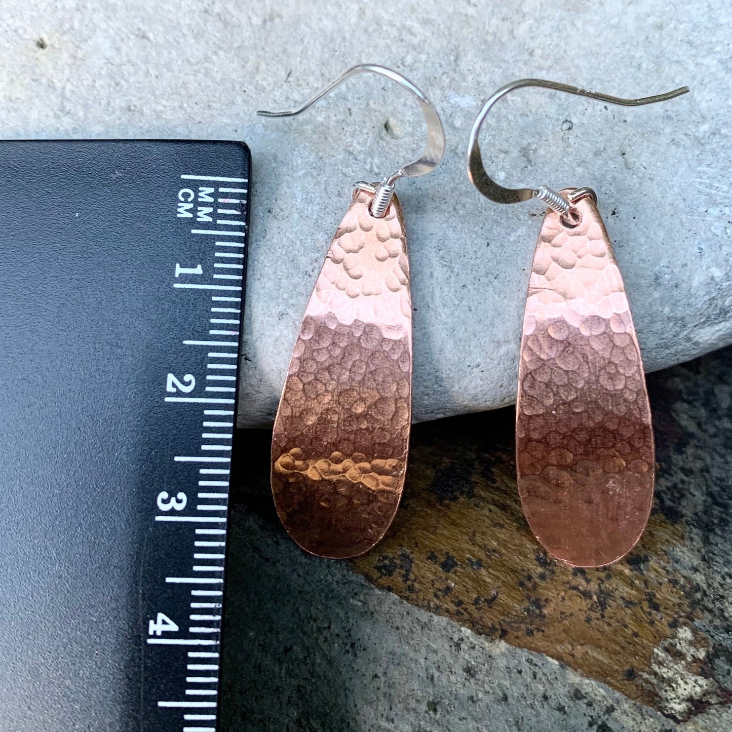 Long Copper Teardrop Hammered Dangle Earrings 6