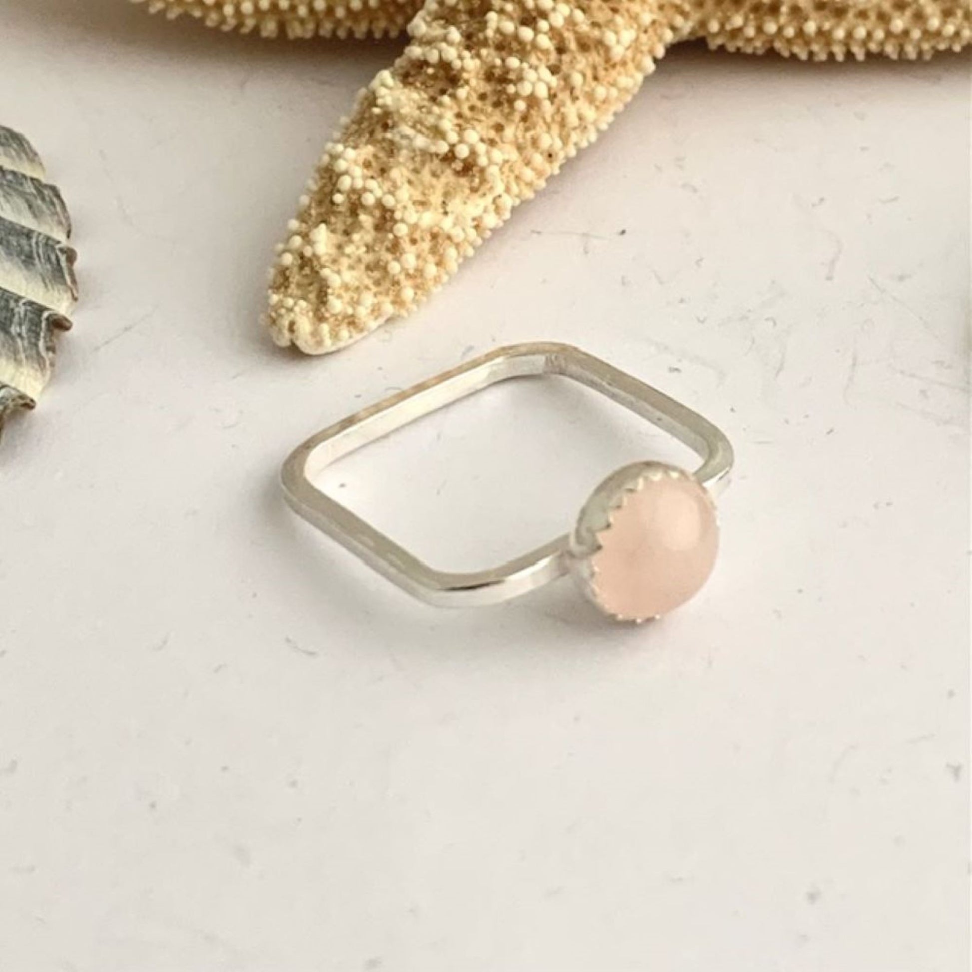 Rose Quartz Gemstone and Sterling Silver Square Ring