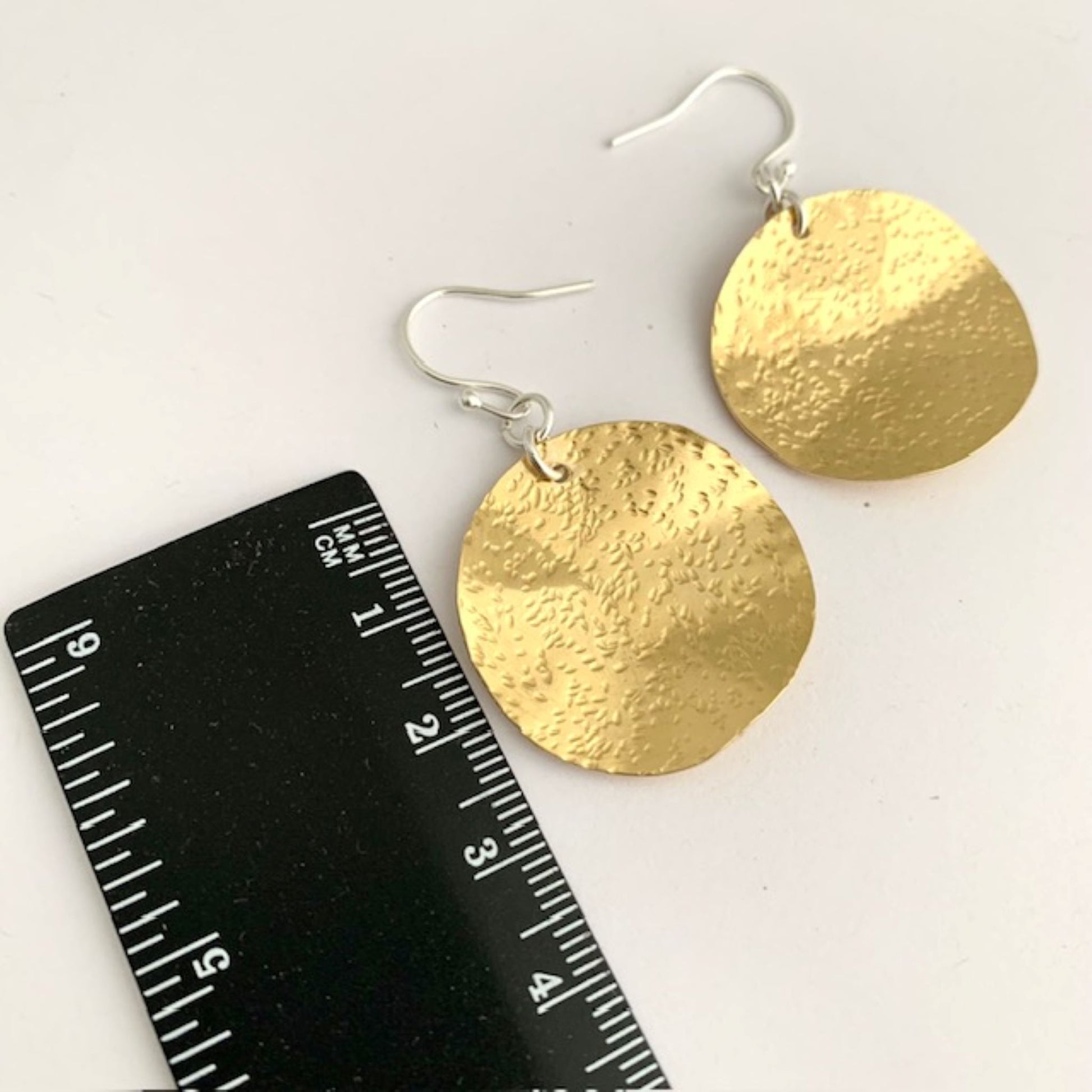Round Disc hammered brass gold dangle earrings