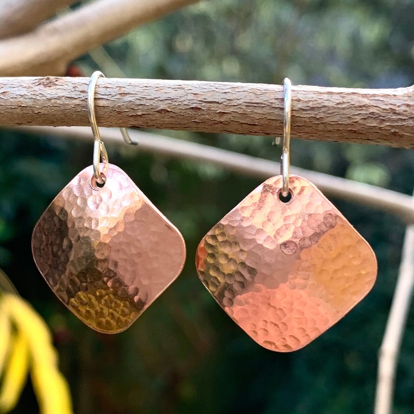 Rustic Copper Square Hammered Dangle Earrings 2