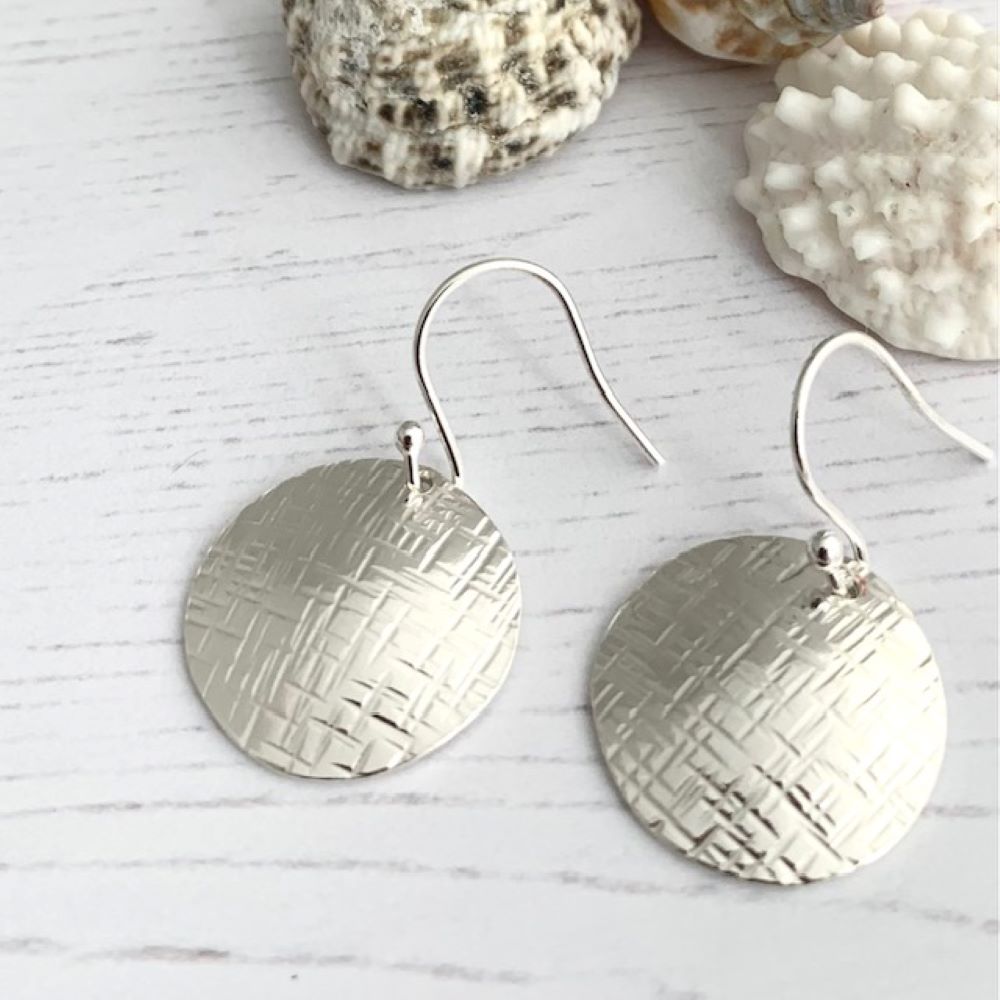 Hammered 925 Sterling Silver Convex Circle Dangle Drop Earrings
