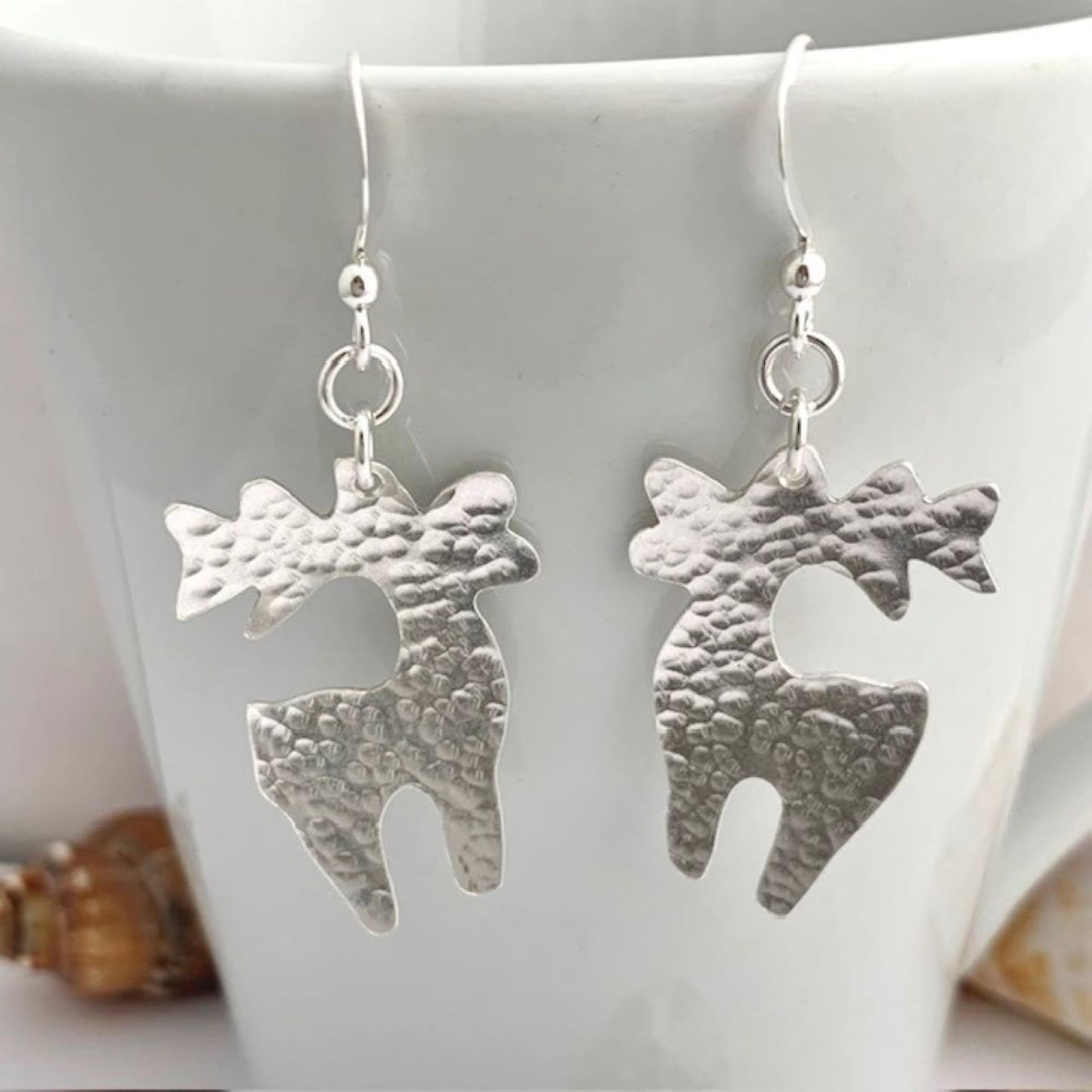 Sterling Silver Hammered Reindeer Dangly Earrings