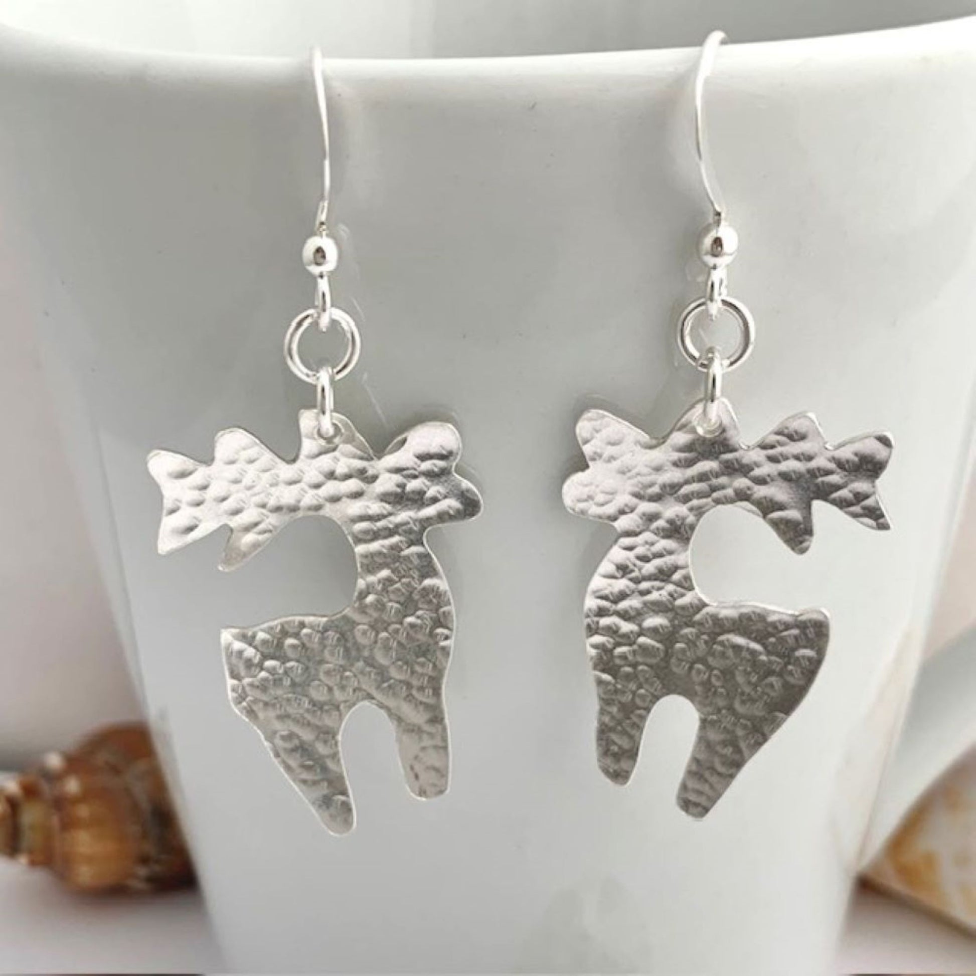 Sterling Silver Hammered Reindeer Dangly Earrings