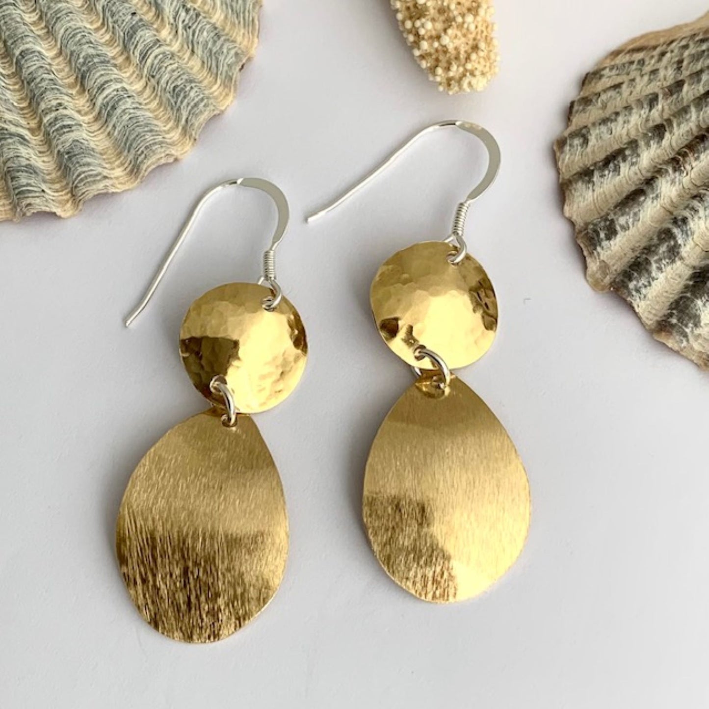 Textured Circle and Teardrop Brass Dangle Earrings