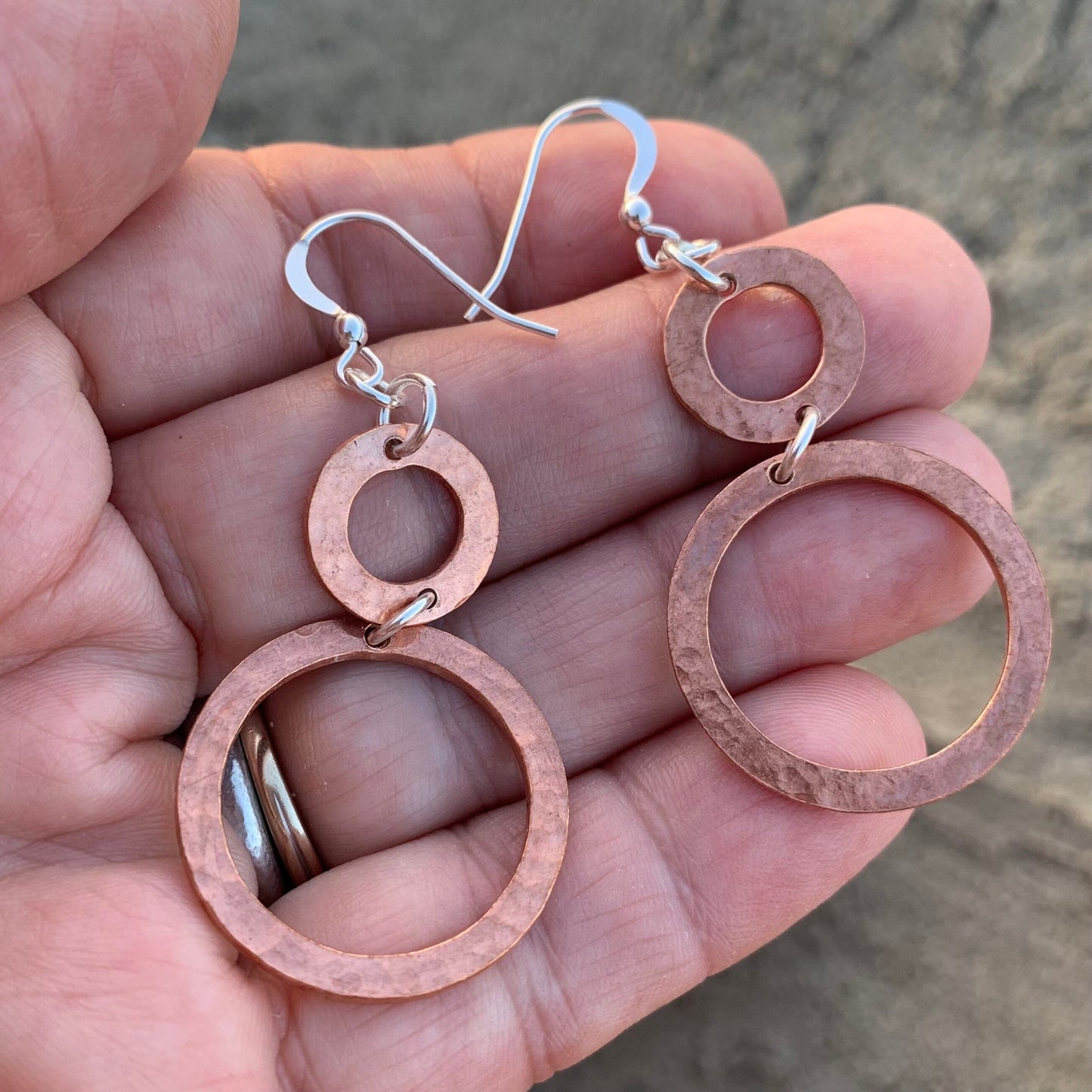 Copper Double Hoop Dangle Earrings, Large Rustic Hammered Double Dangly Hoops, 7th Wedding Anniversary Wife, Circle Earring Birthday Gift