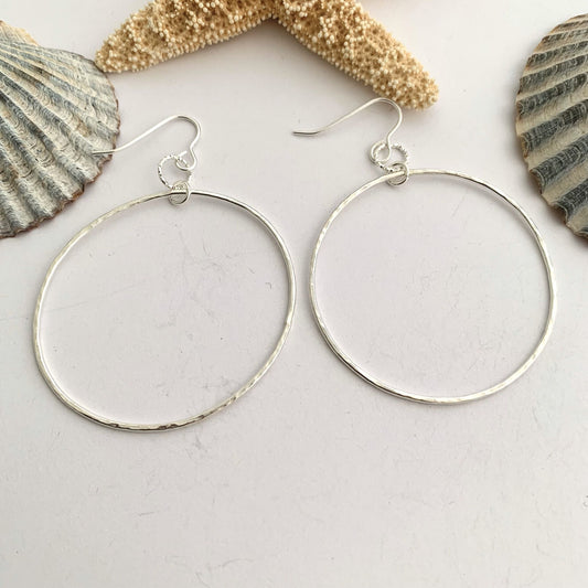 925 Sterling Silver Large Hammered Hoop Dangle Earrings