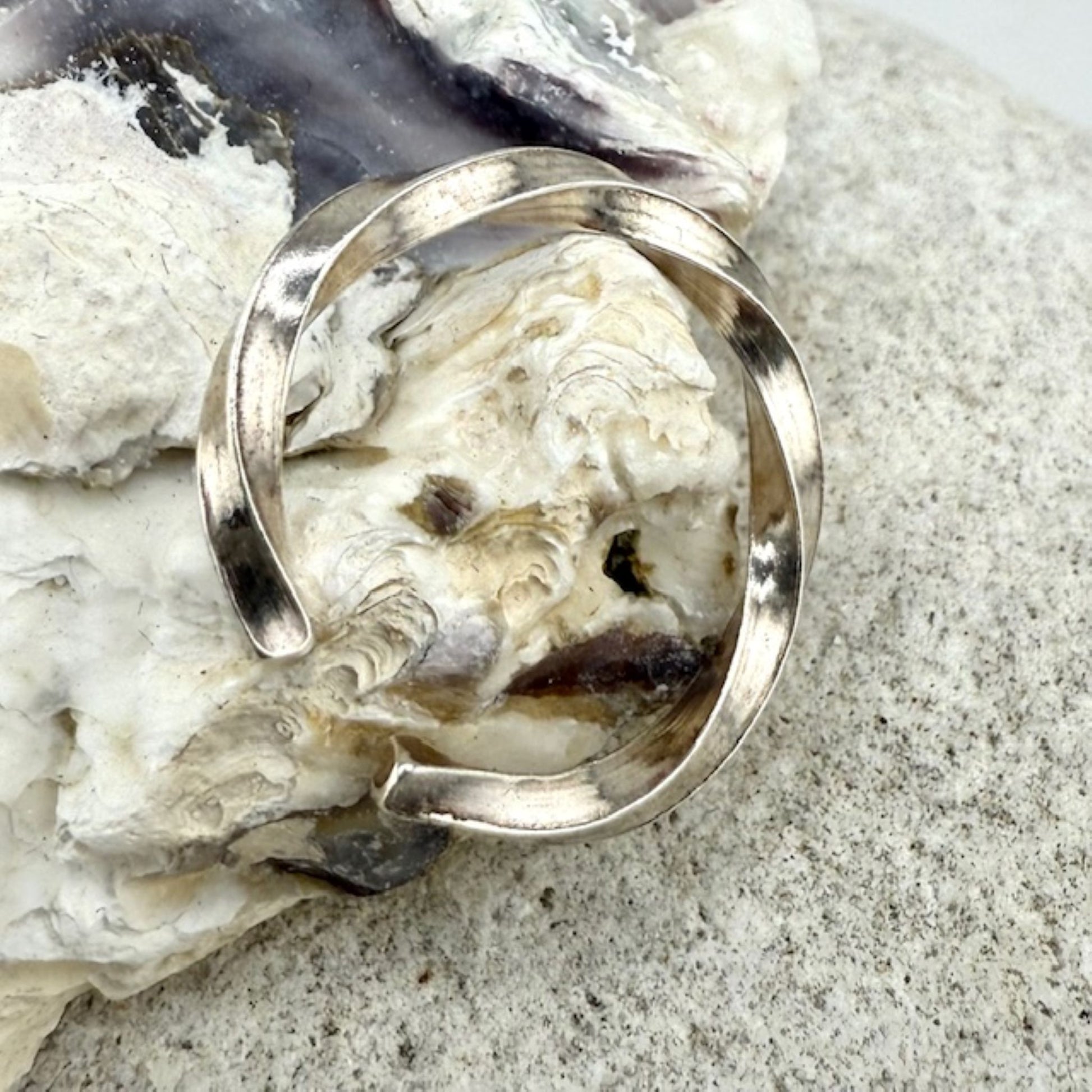 Silver ring on a shell with a textured surface