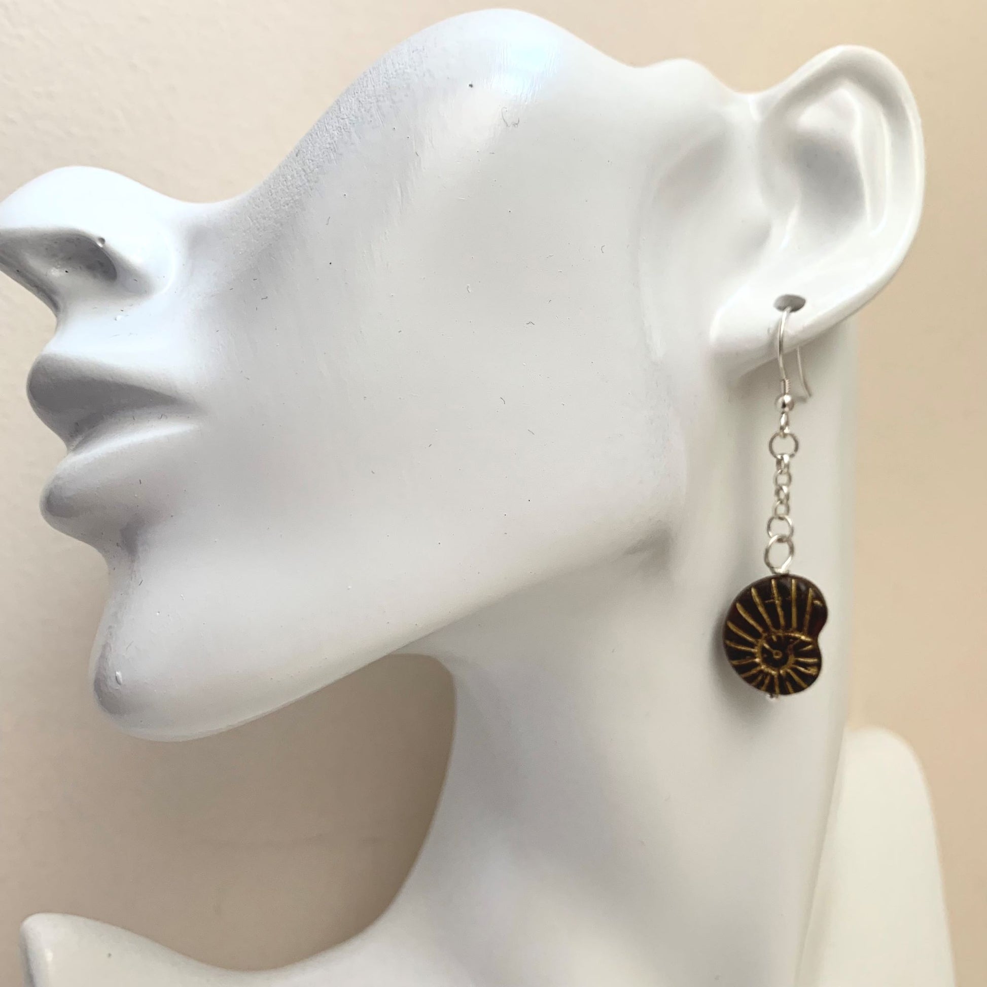 Ammonite Black and Gold Czech Glass Drop Earrings