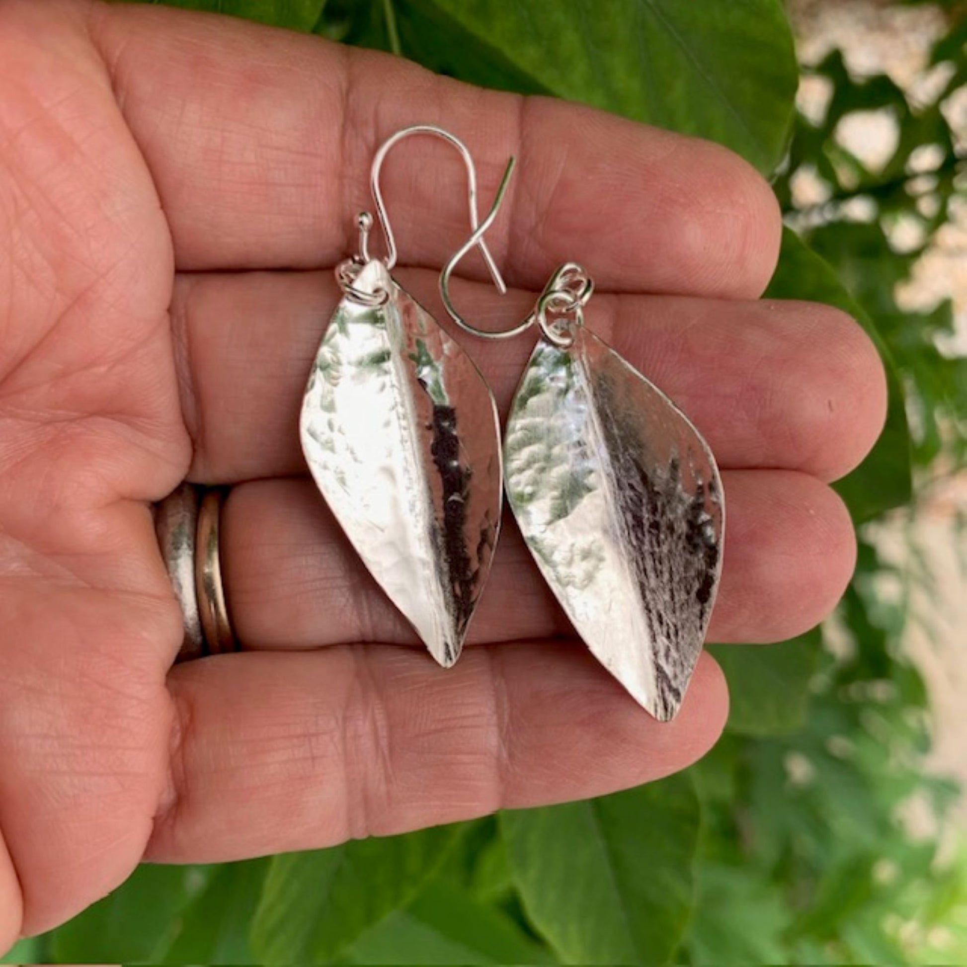 beaten Dangly Sterling Silver Leaf Earrings