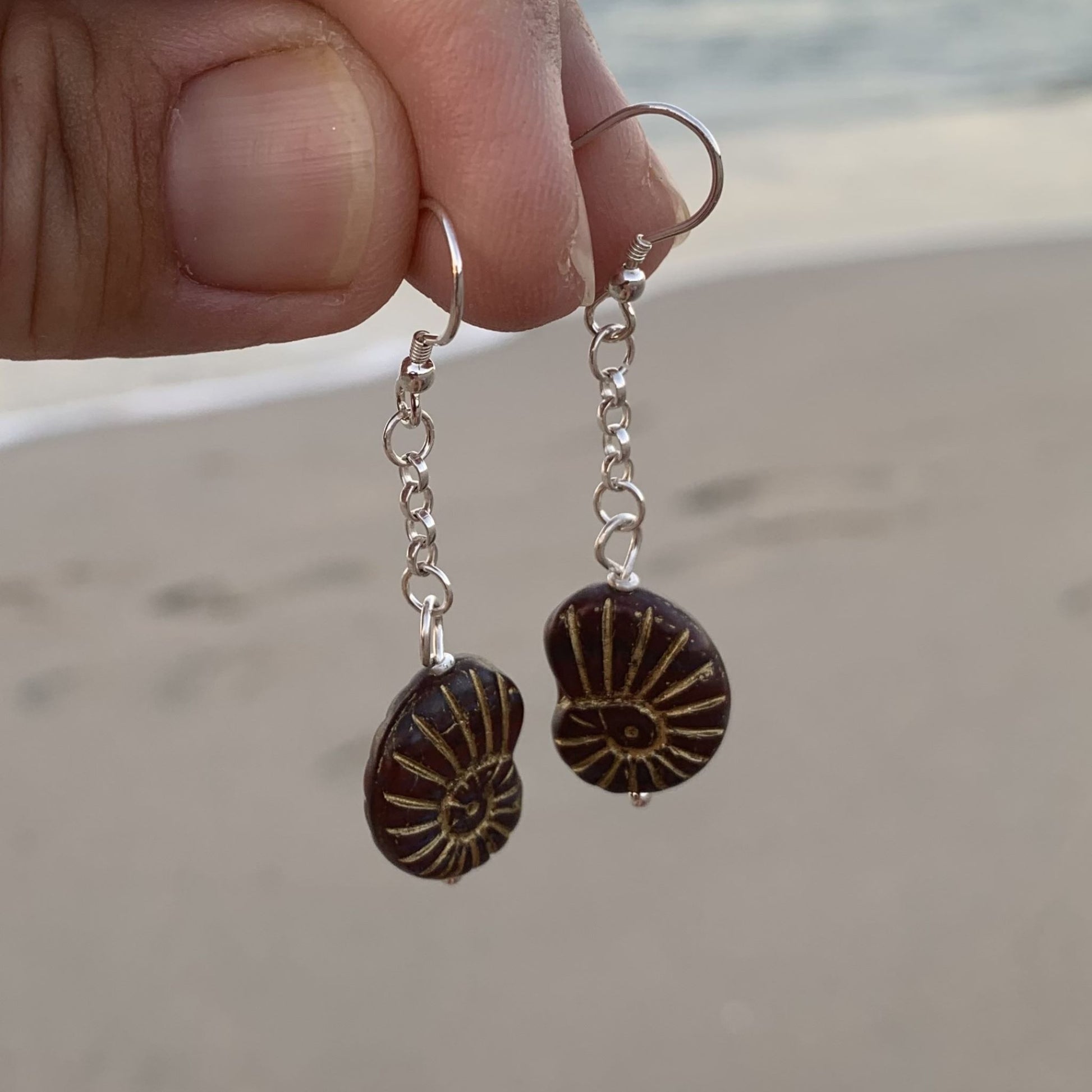 Black Czech Glass Bead Dangle Ammonite Earrings