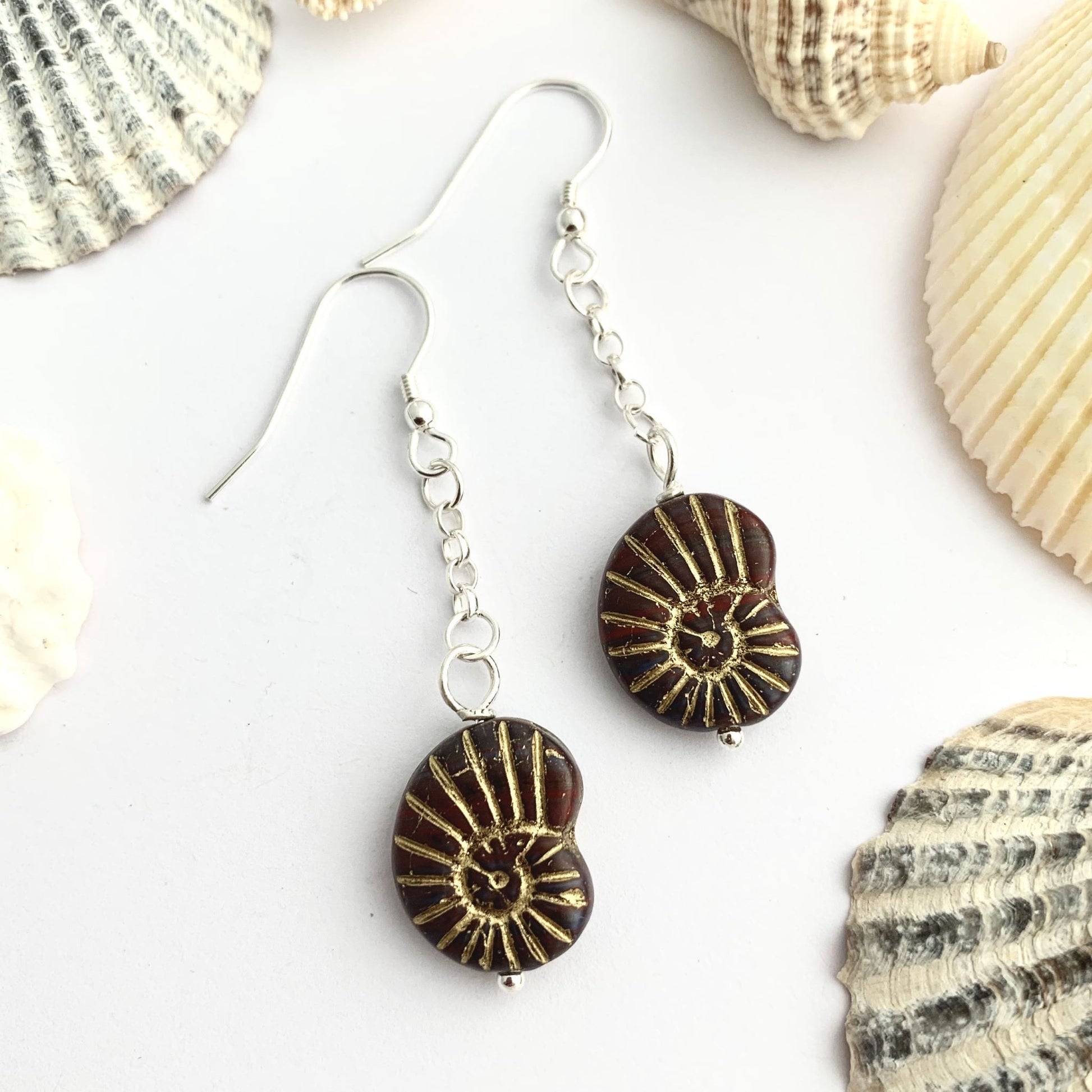 Black Czech Glass Dangly Ammonite Earrings