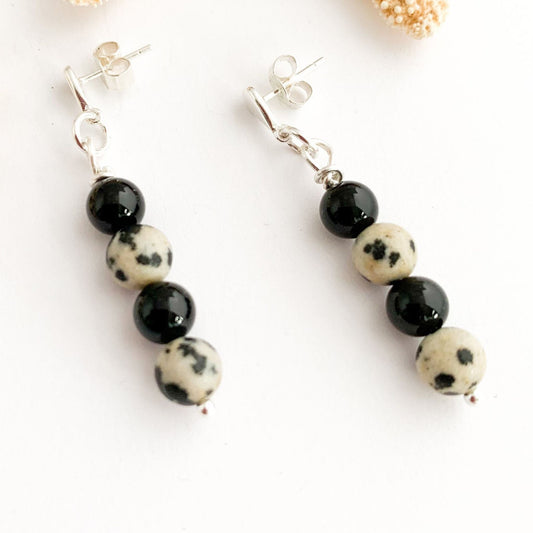 Black Glass and Dalmatian Jasper Drop Stud Earrings