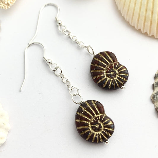 Black and Gold Ammonite Czech Glass Earrings