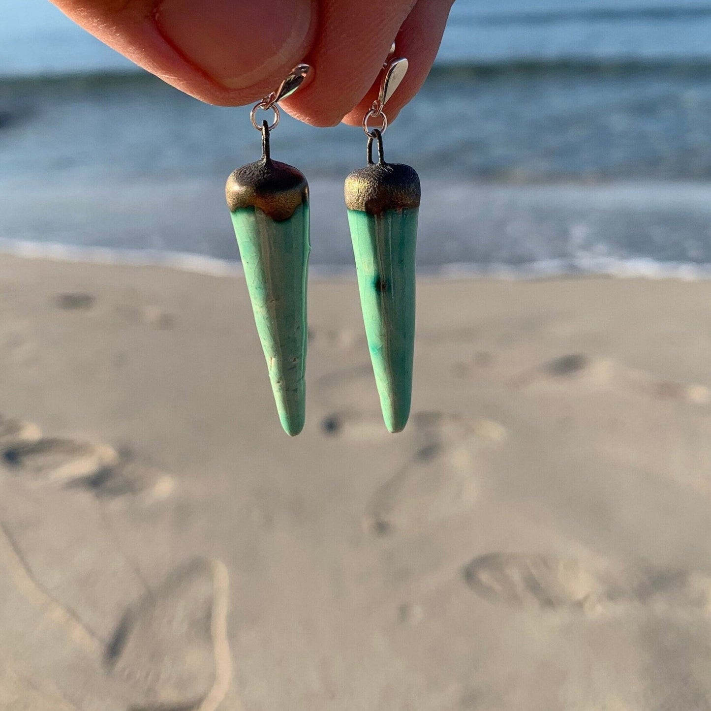 Green Ceramic Dangle Spike Stud Earrings