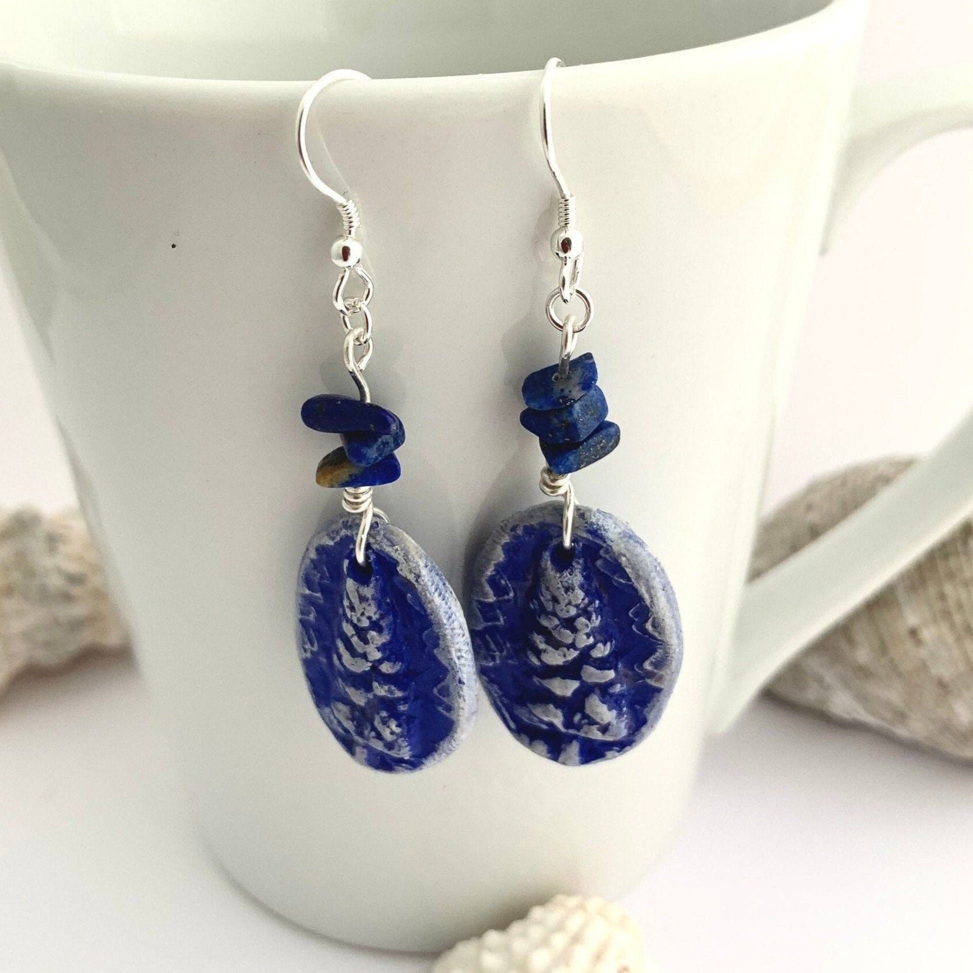 Blue Ceramic Dangle Earrings with Lapis Lazuli Gemstones