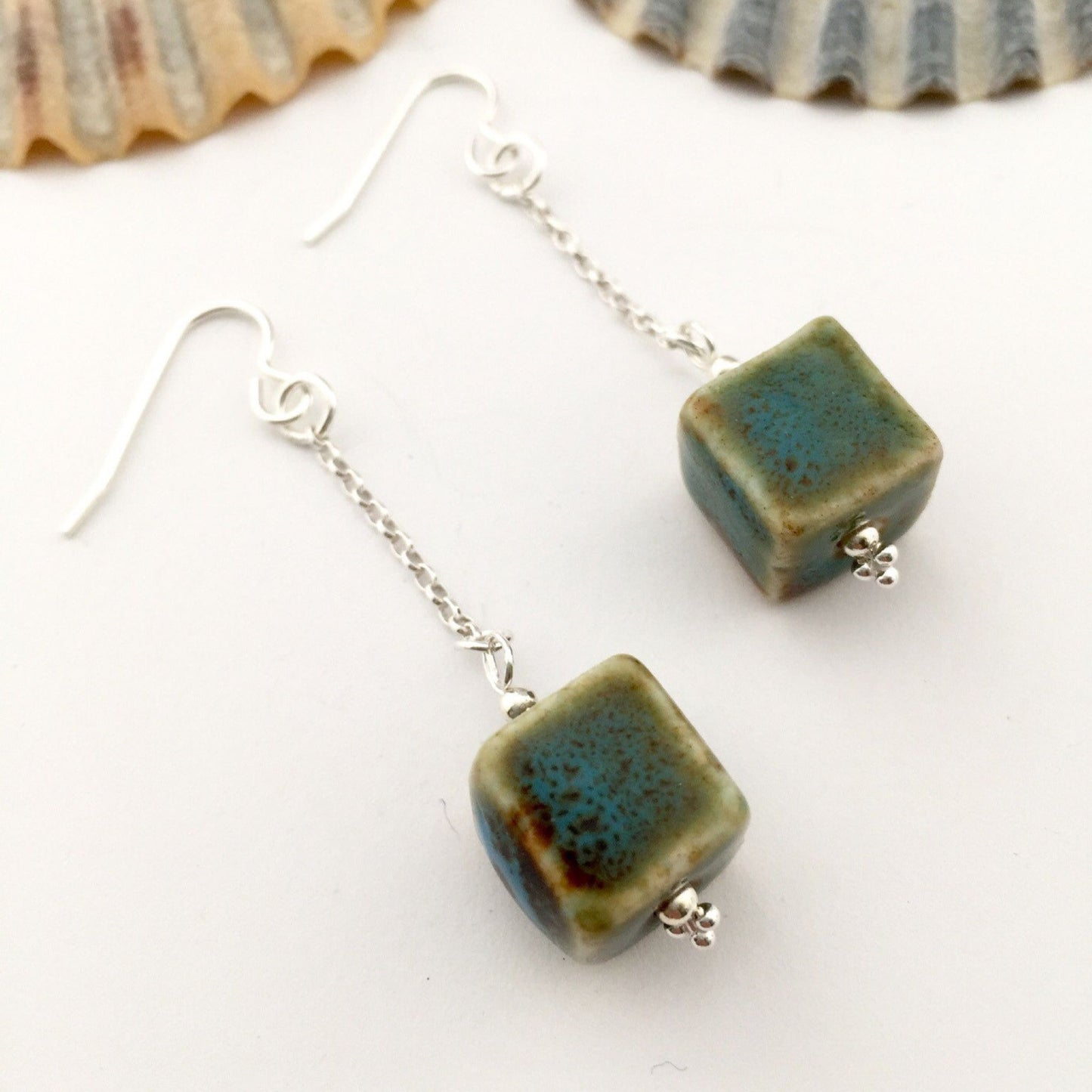 Blue Green Ceramic Cube and Sterling Silver Earrings