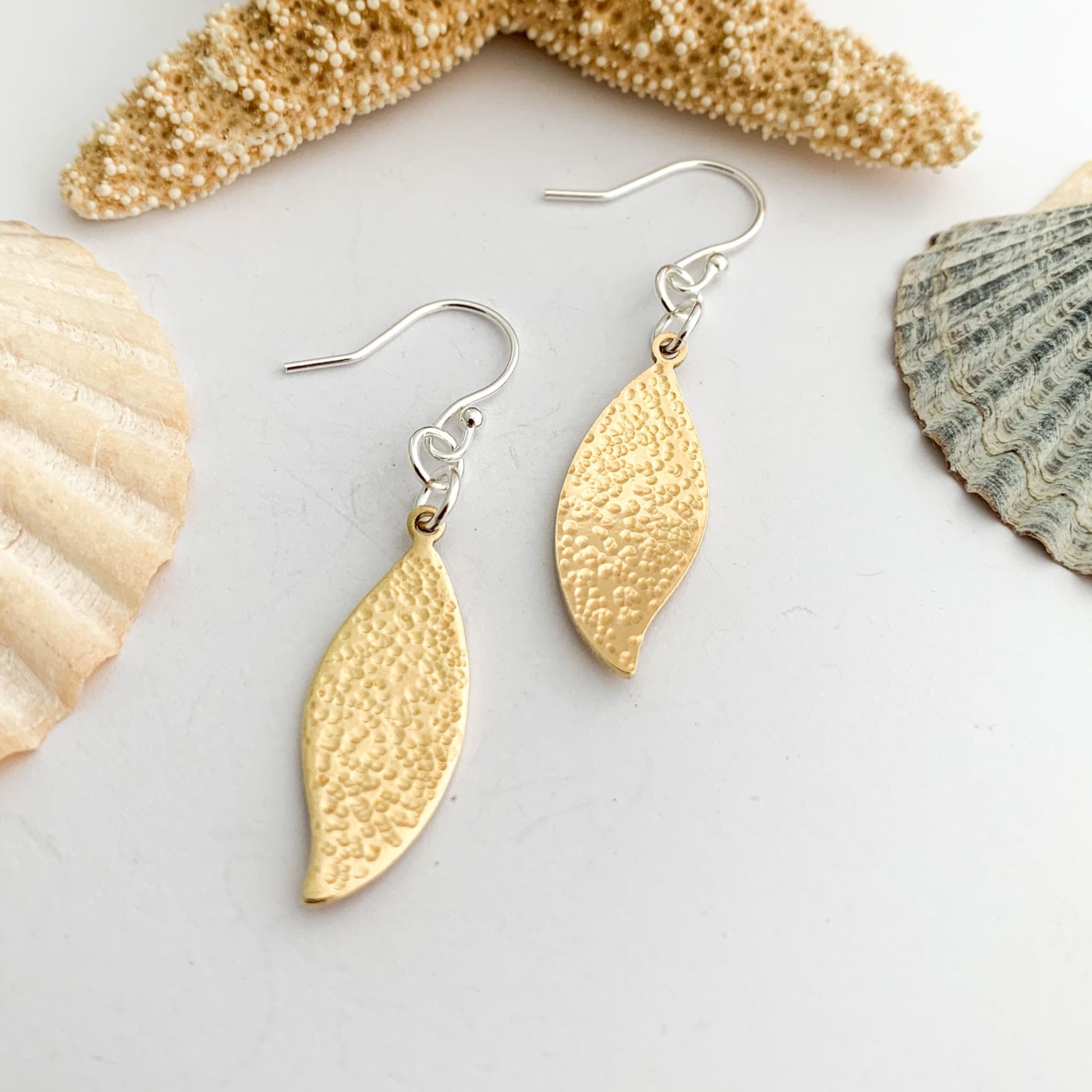 Brass Textured Drop Leaf Earrings