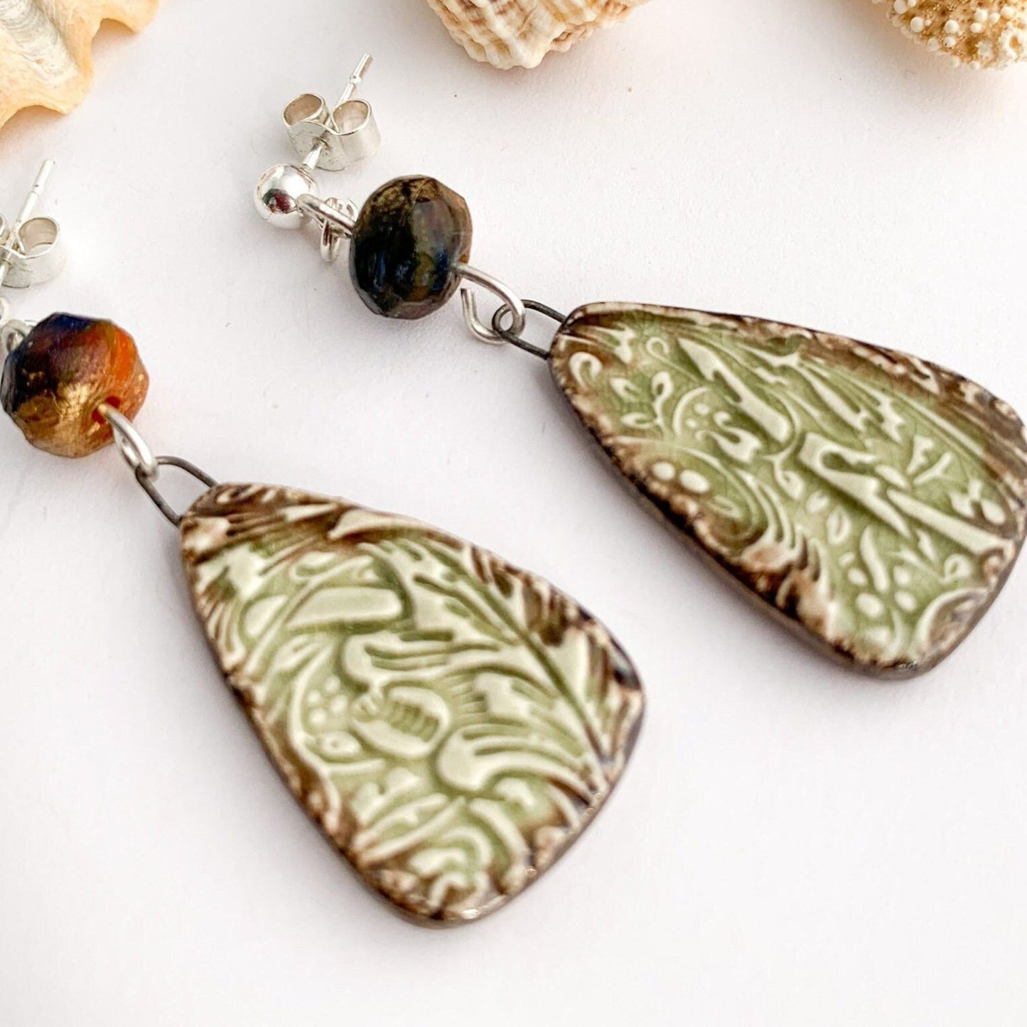 Ceramic Green Bronze Stud Dangle Earrings