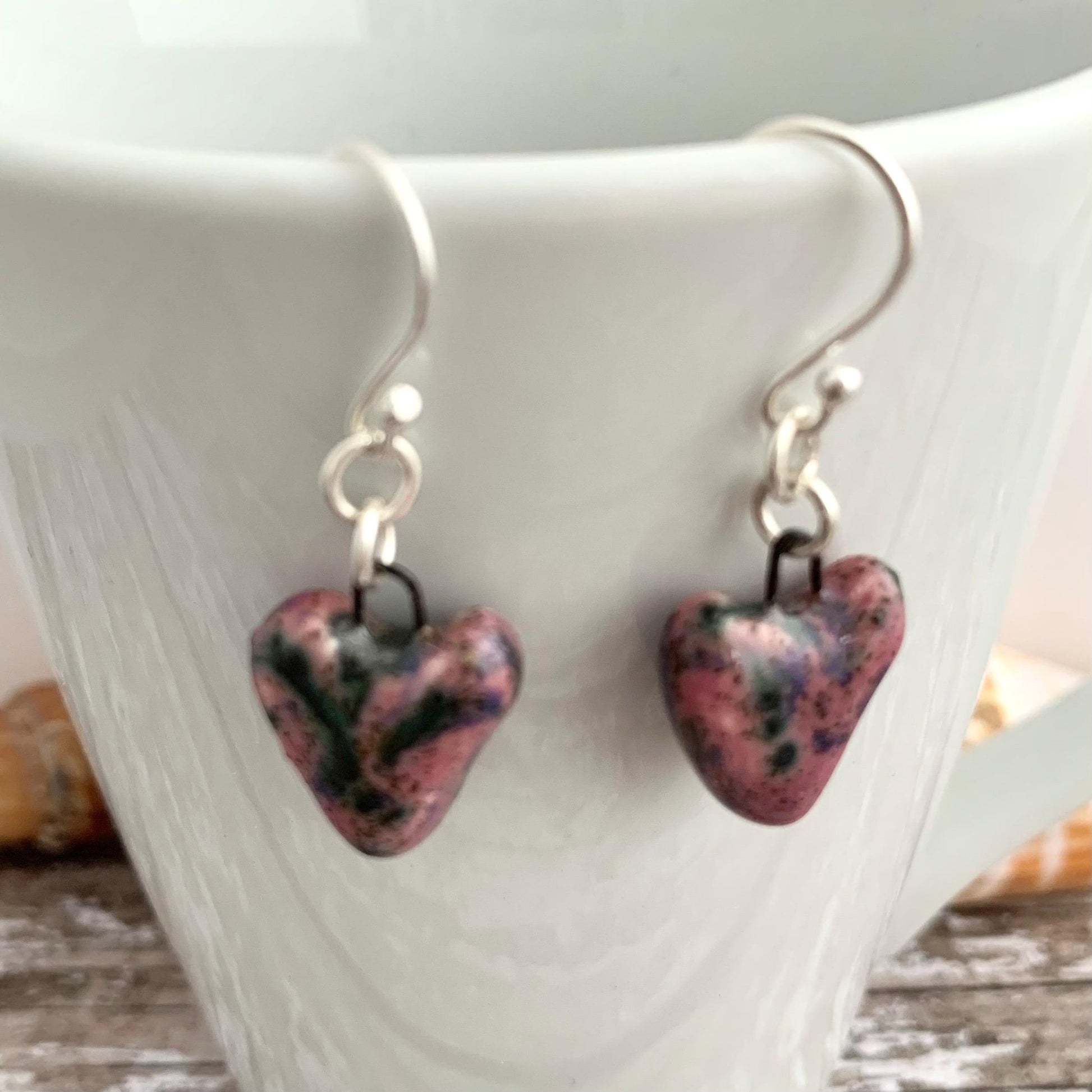 Pink and Black Heart Ceramic Drop Dangle Earrings 1