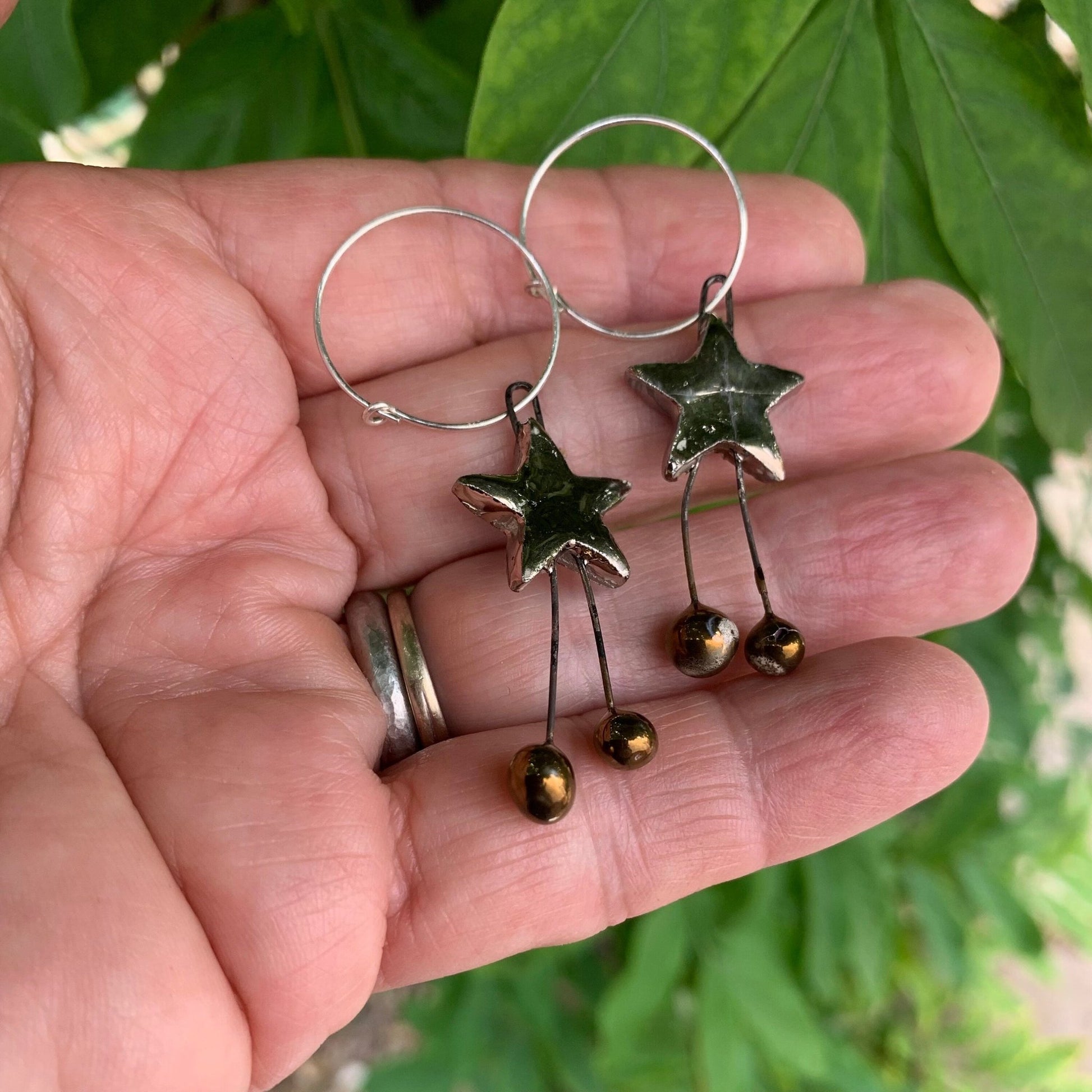 Ceramic Silver Star Dangle Earrings