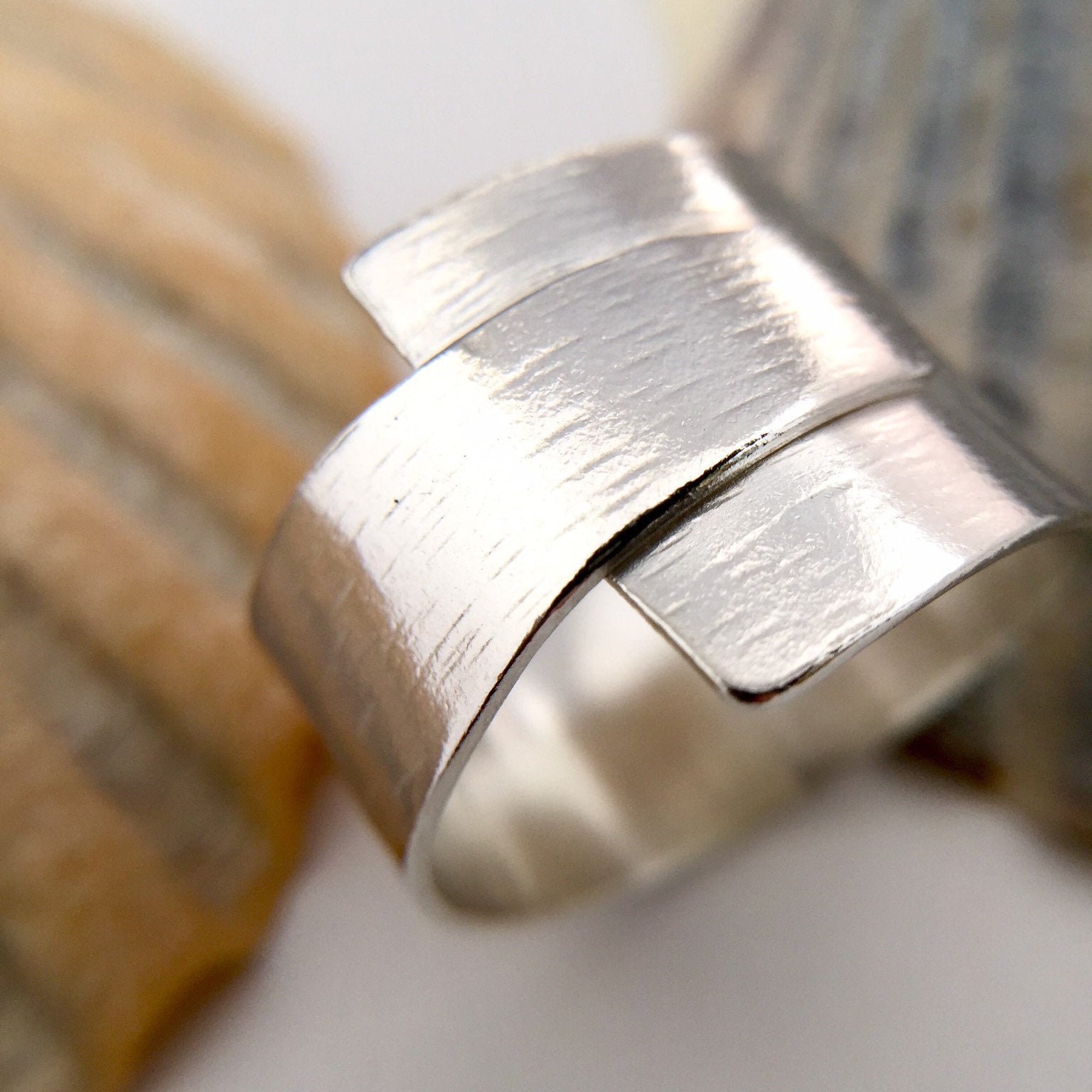 Contemporary Chunky Wide Sterling Silver Hammered Wrap Ring