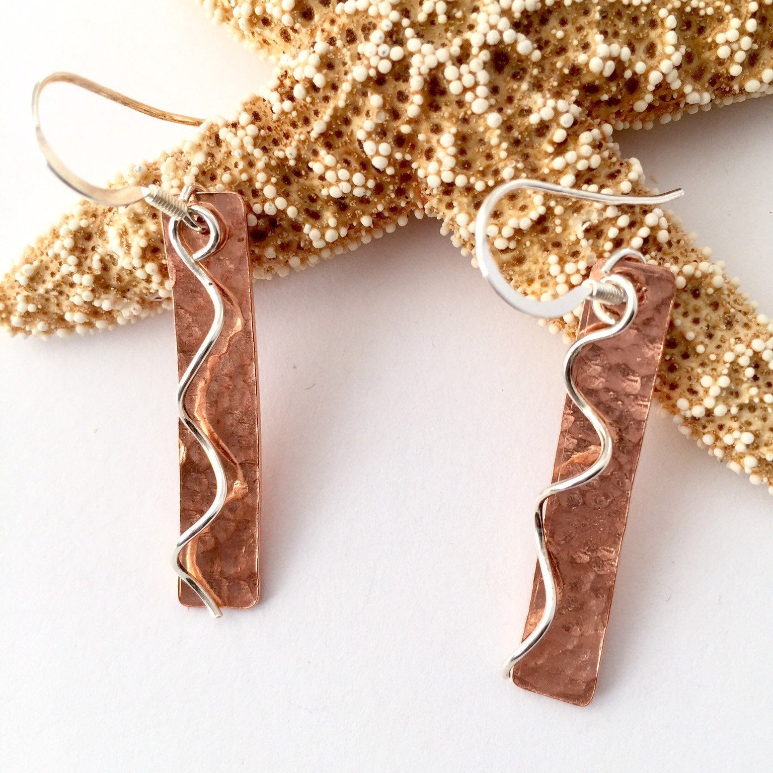 Copper Bar Earrings with Sterling Silver Spirals