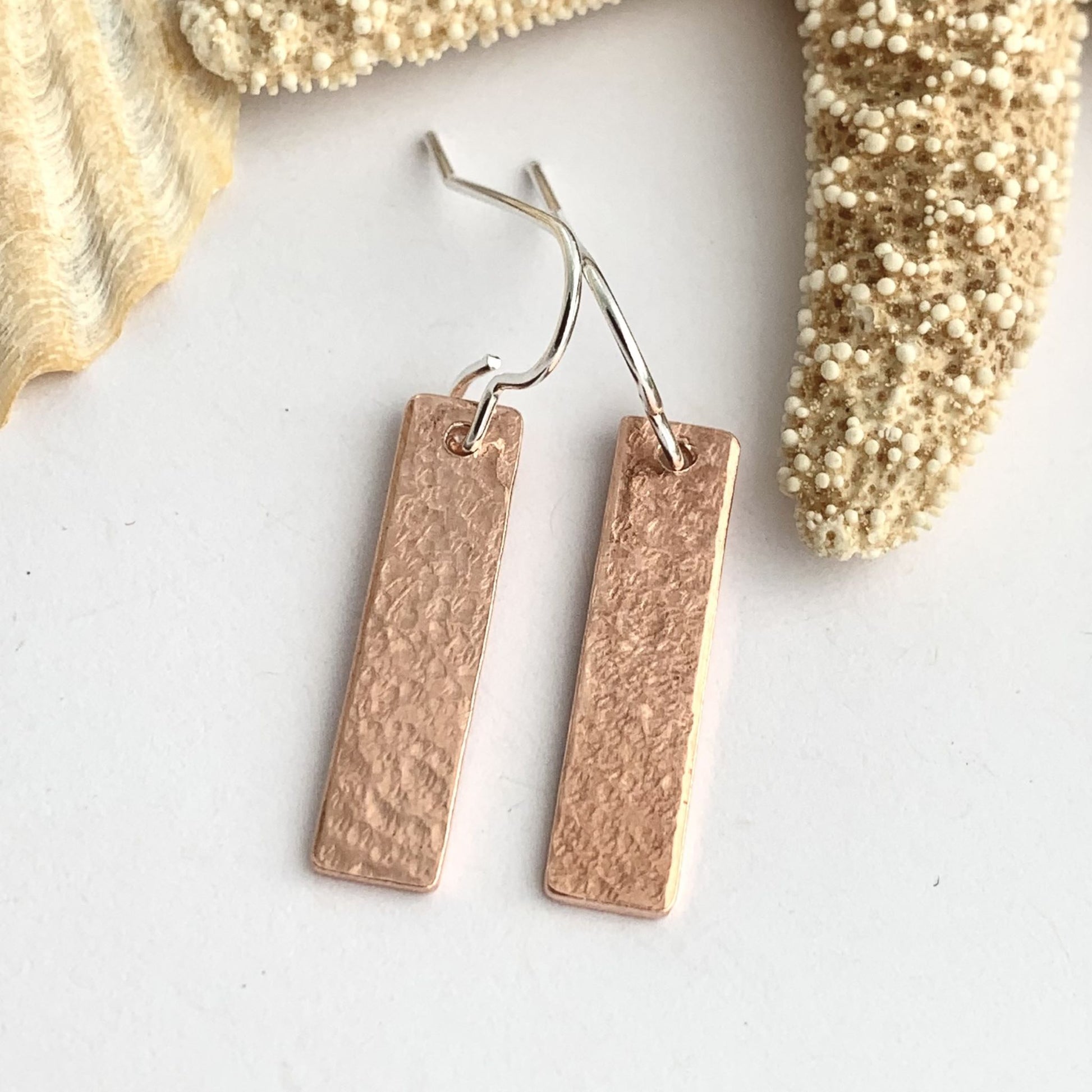 Copper Dangly Hammered Rectangle Bar Earrings
